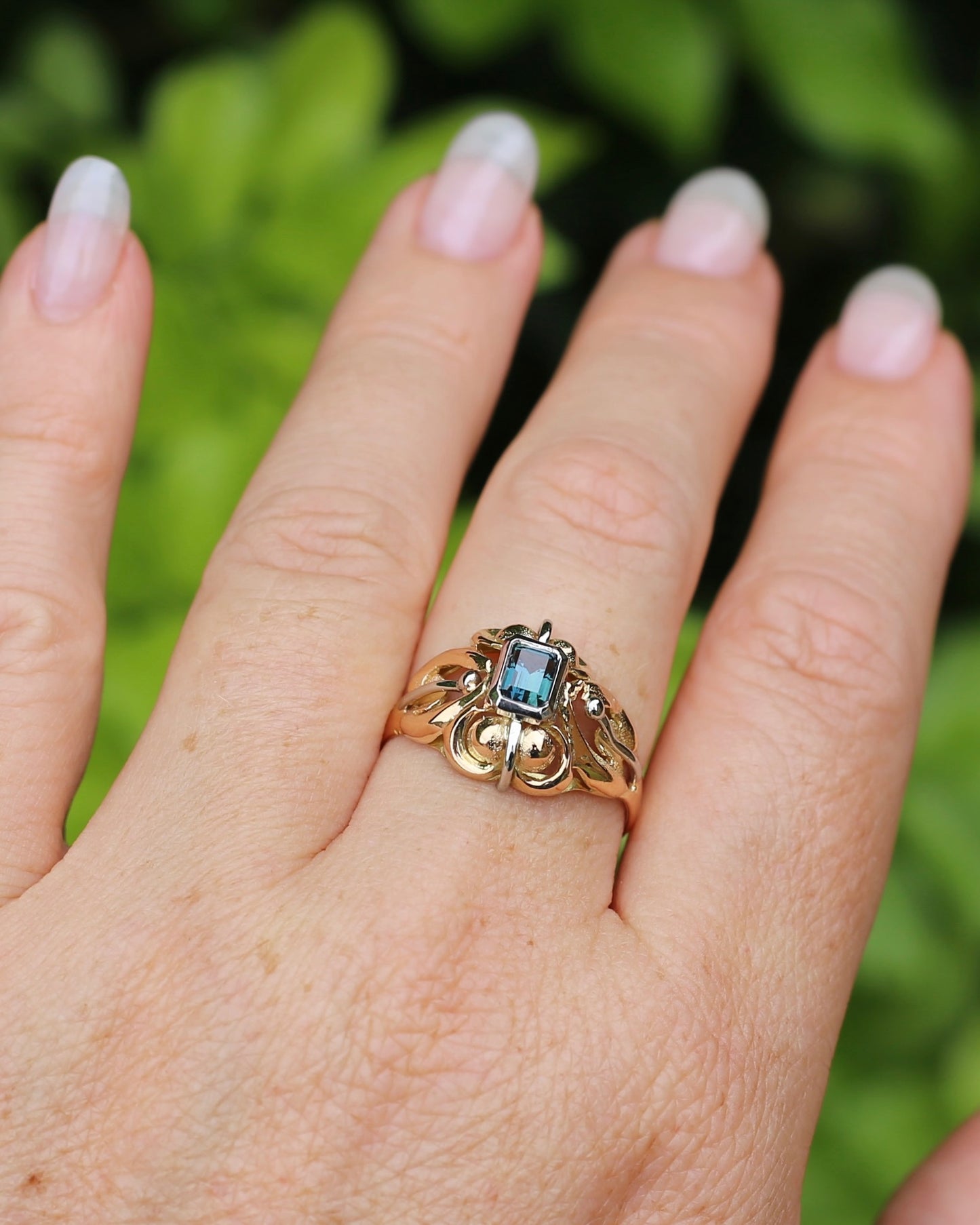 East African Emerald Cut Teal Parti Sapphire in 1940s Italian Made 18ct Mixed Metal Handmade ring, size S or 9.25 with valuation