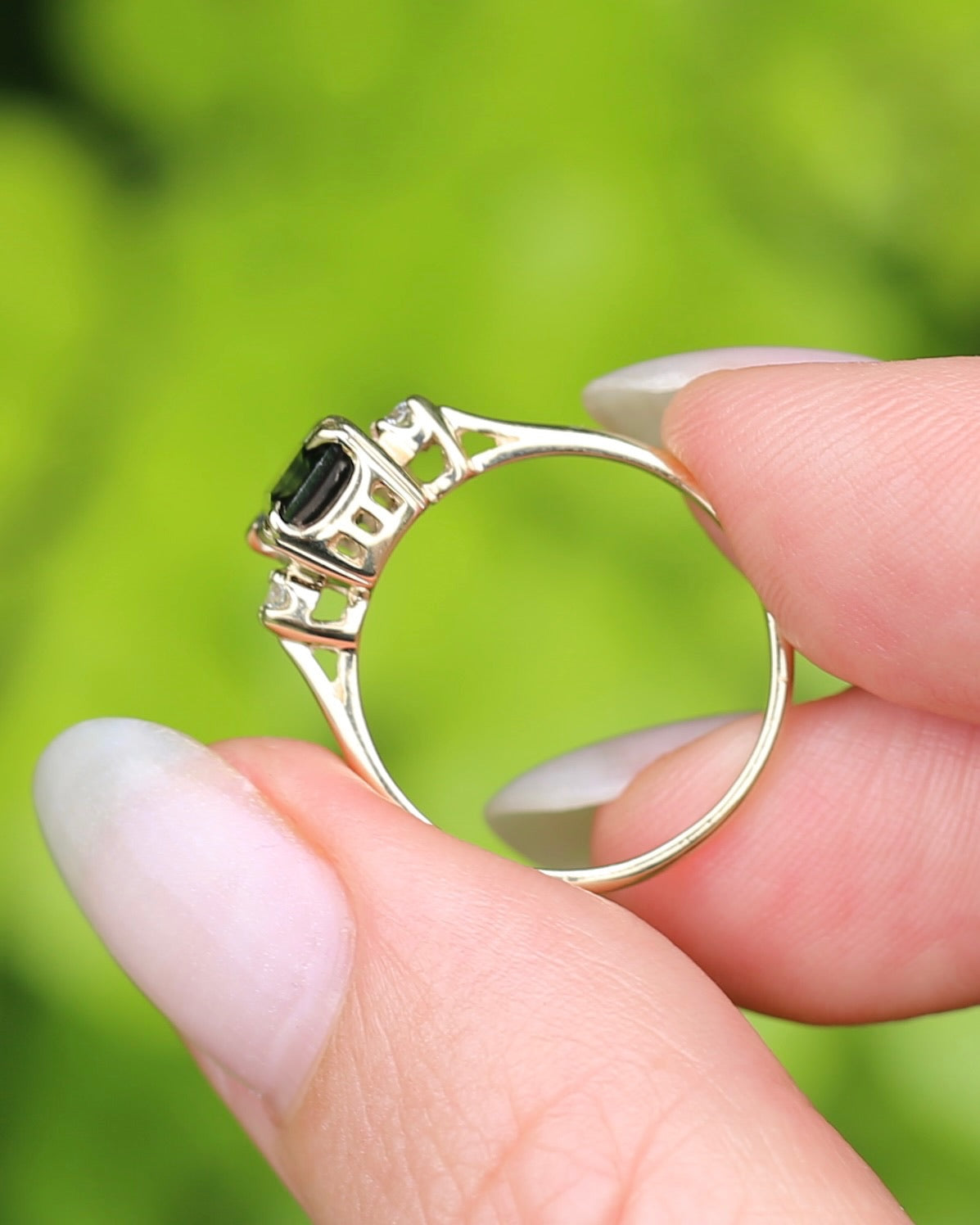 Vintage 1.5ct Emerald Cut Parti Sapphire and Diamond trilogy, 9ct Yellow Gold, size N or 6.75