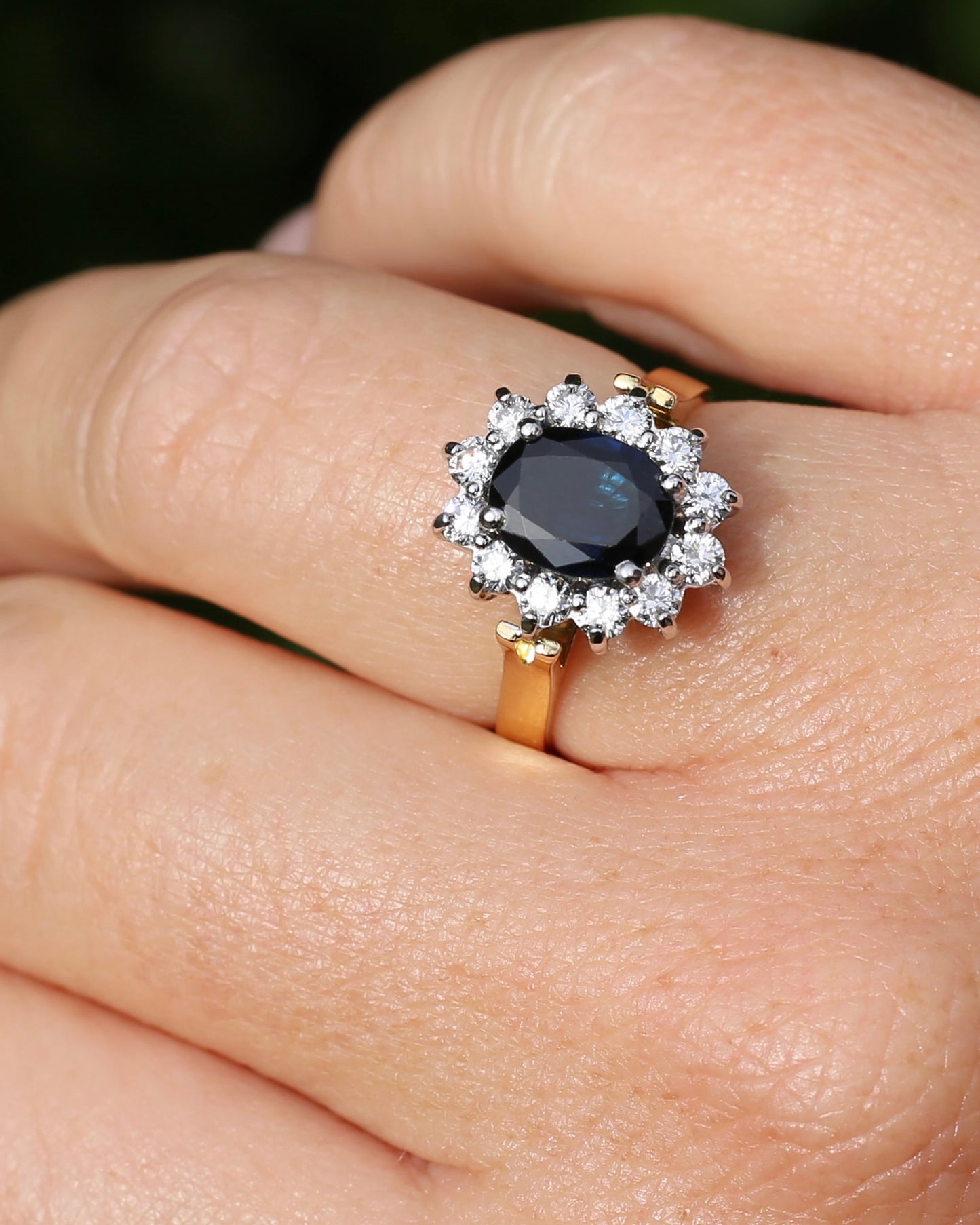 Vintage c1980s Diana Halo, Natural Sapphire and Diamond Halo, 18ct Yellow and White Gold, size P or 7.75 with valuation