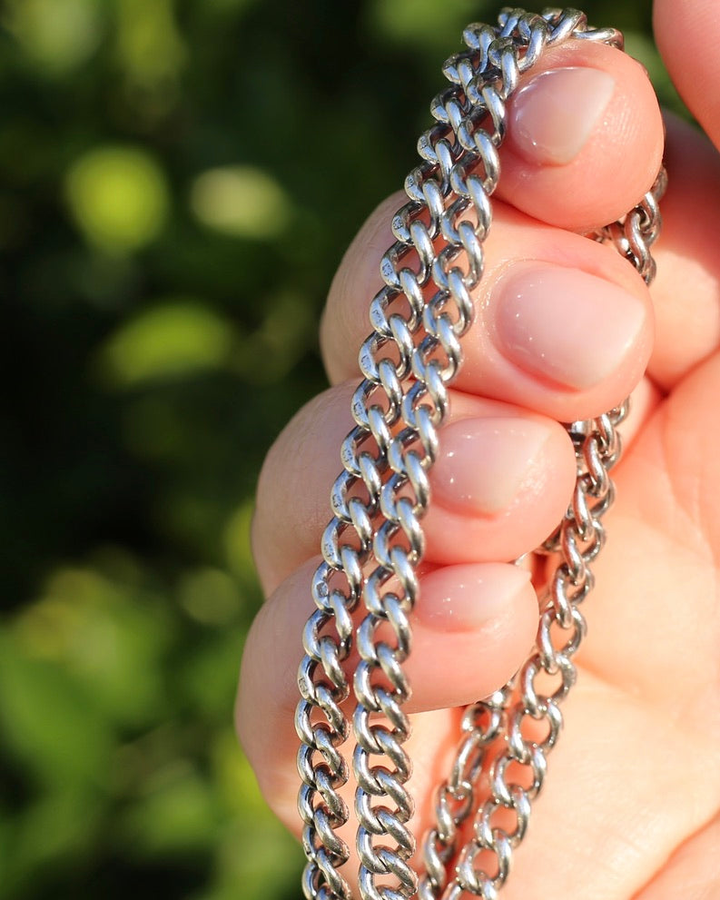 Antique 1913-1914 Birmingham Made Curb Link Watch Chain, Double Albert Clasp, Sterling Silver, 41.5cm