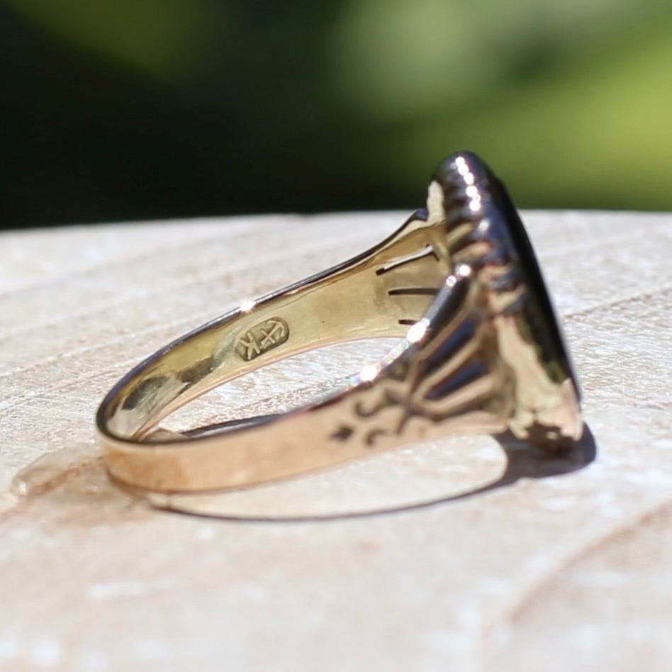 Vintique Onyx Signet Ring with Engraved Shoulders, 9ct Rosey Gold, size K1/2 or 5.5