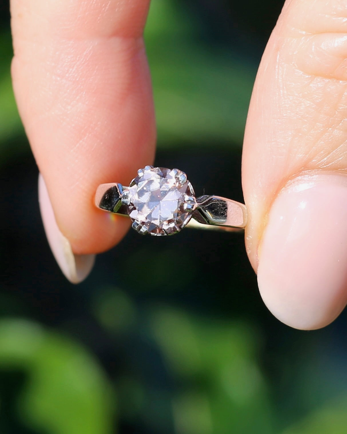 Vintage 1.86ct Pale Pink natural Zircon, 1967 London Made Double Claw Set, 9ct Yellow and White Gold, size M1/2 or 6.5, 2.8g