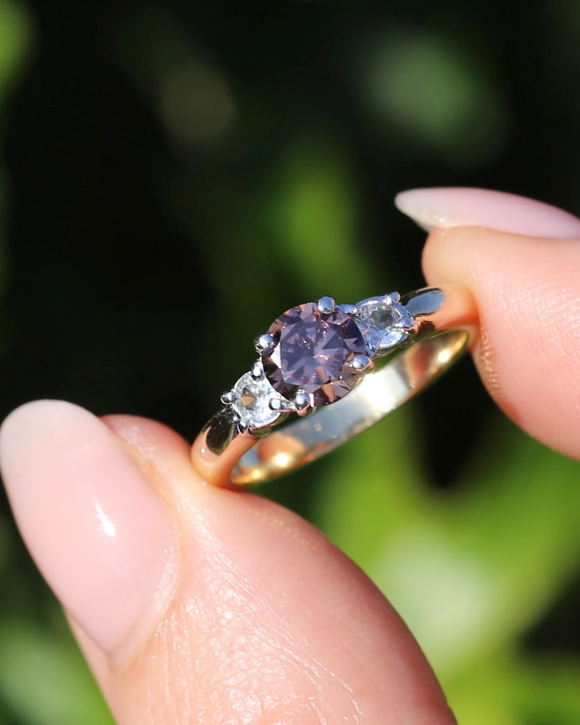 1.31ct Natural Caramel Zircon and Old Cut White Zircon Trilogy Ring, 9ct Gold, size N1/2 or just under 7, 3.72g