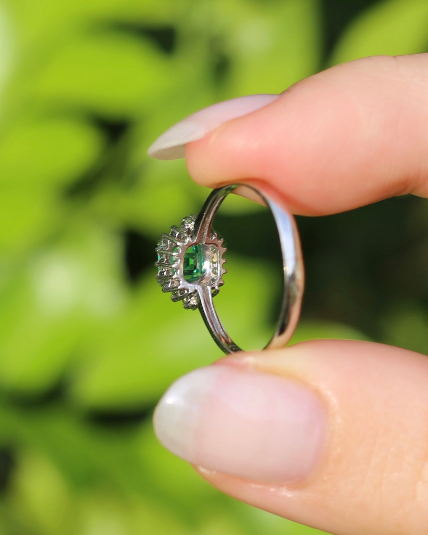 Natural Square Step Cut Emerald and Diamond Baguette Ballerina Skirt, Platinum Ring, size O or 7.25