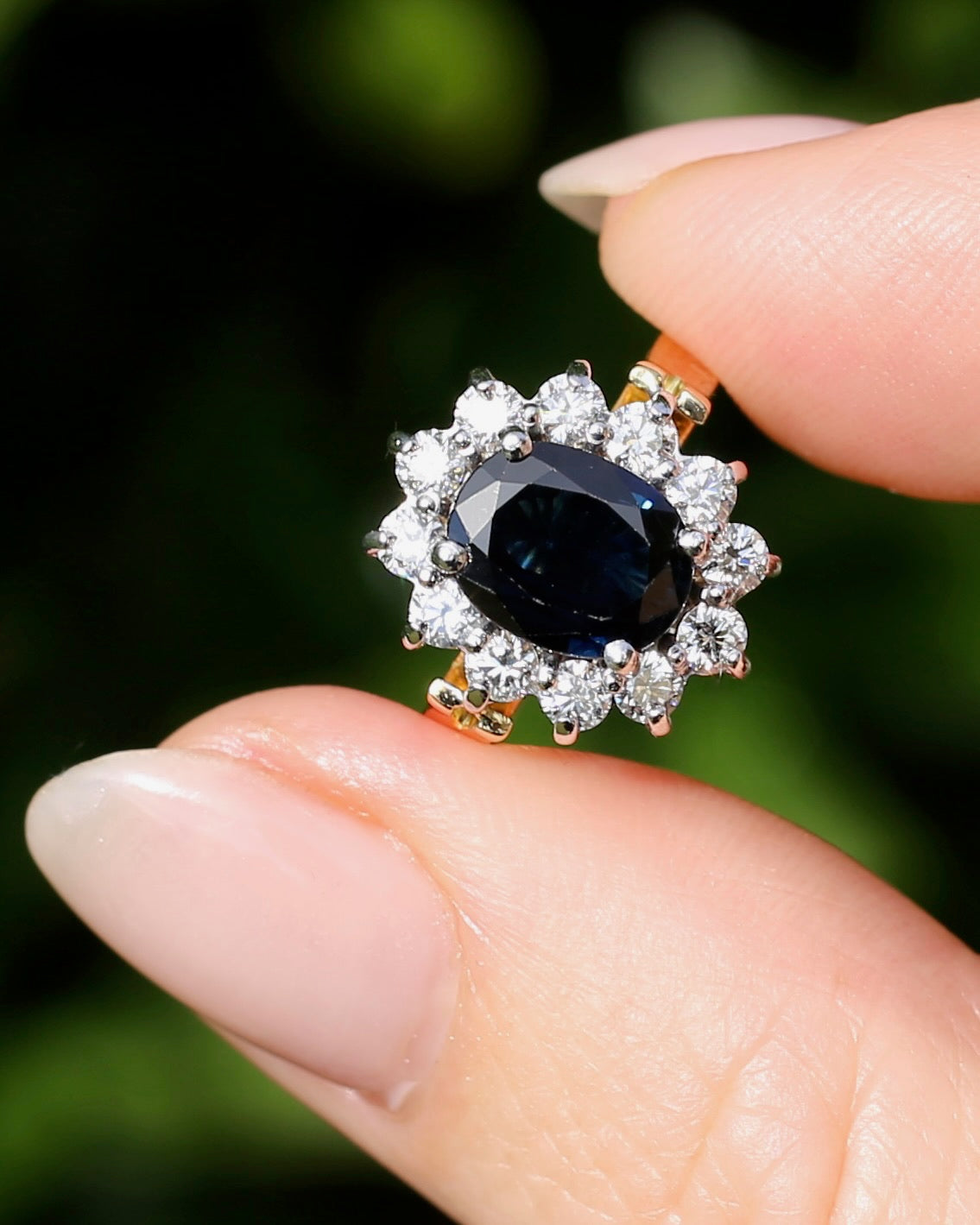 Vintage c1980s Diana Halo, Natural Sapphire and Diamond Halo, 18ct Yellow and White Gold, size P or 7.75 with valuation