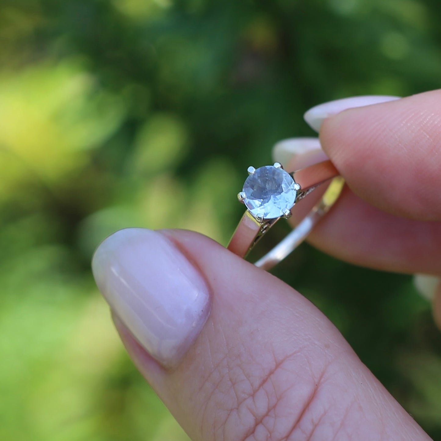 Round Natural Aquamarine Solitaire, 9ct Yellow and White Gold, size O or 7.25