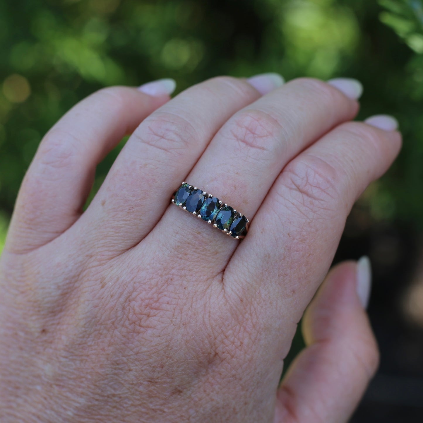 3 Carat Five Stone Parti Sapphire Ring, 9ct Yellow Gold, size R1/2 or nearly 9, with valuation