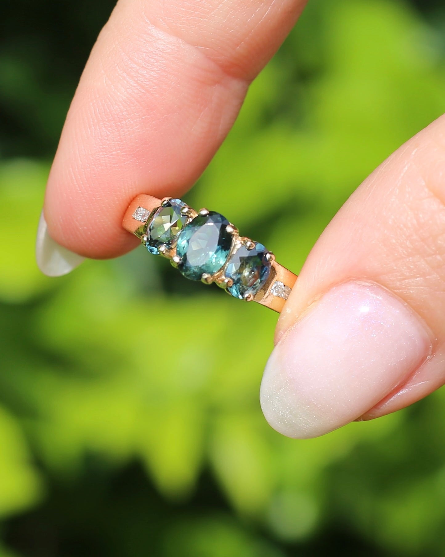 2.1ct Parti Sapphire Trilogy with Channel Set Diamonds, in Vintage 9ct Yellow Gold Ring, size O or 7.25