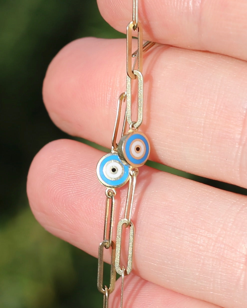 Delicate Paperclip and Enamel Evil Eye Bracelet, 9ct Yellow Gold, 19.5cm or 7.75inches