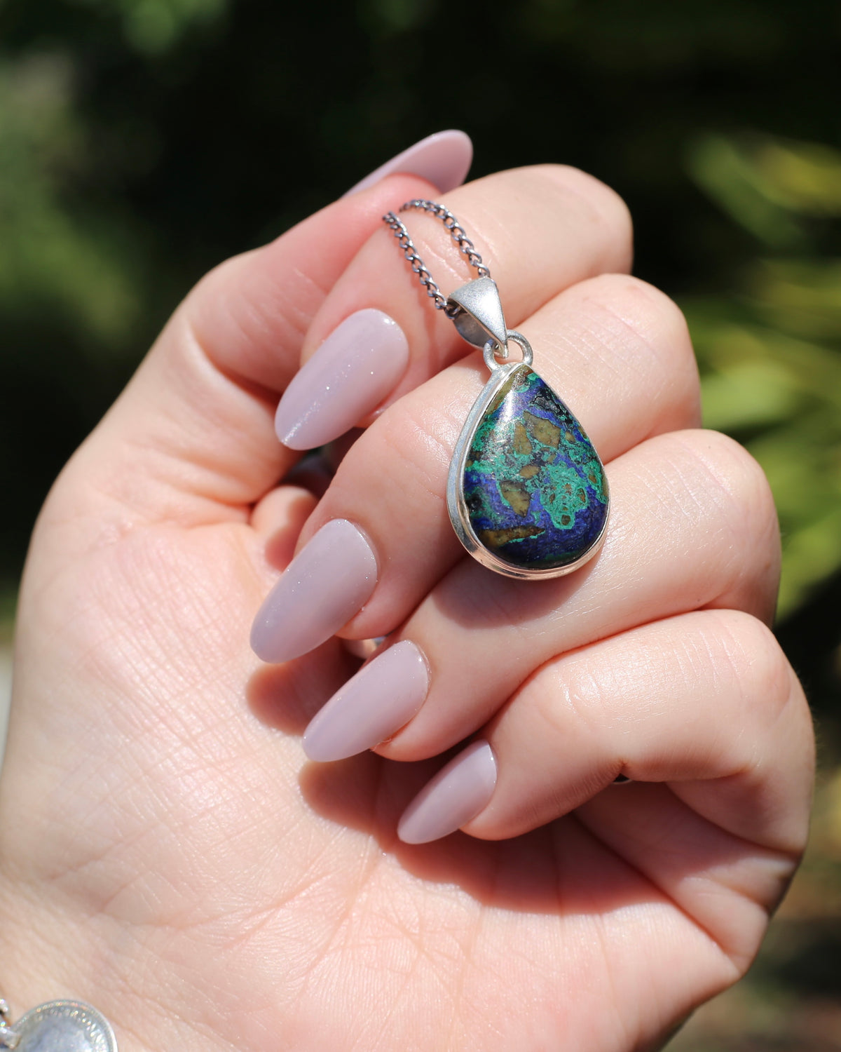 Natural Azurite/ Malachite/ Chrysocolla Cabochon Pendant, Bezel Set, Sterling Silver, 5.44g