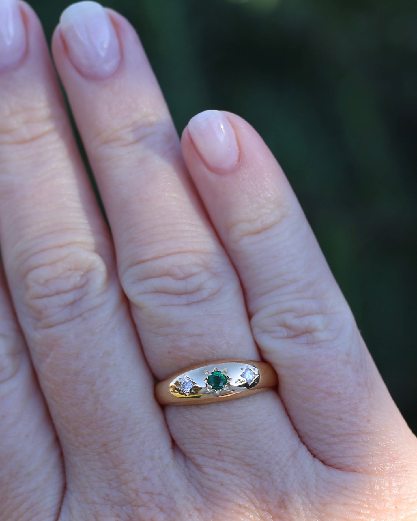 1975 Made Natural Emerald and Diamond Star Set Trilogy, 18ct Yellow Gold, size 7.75 or just under P1/4