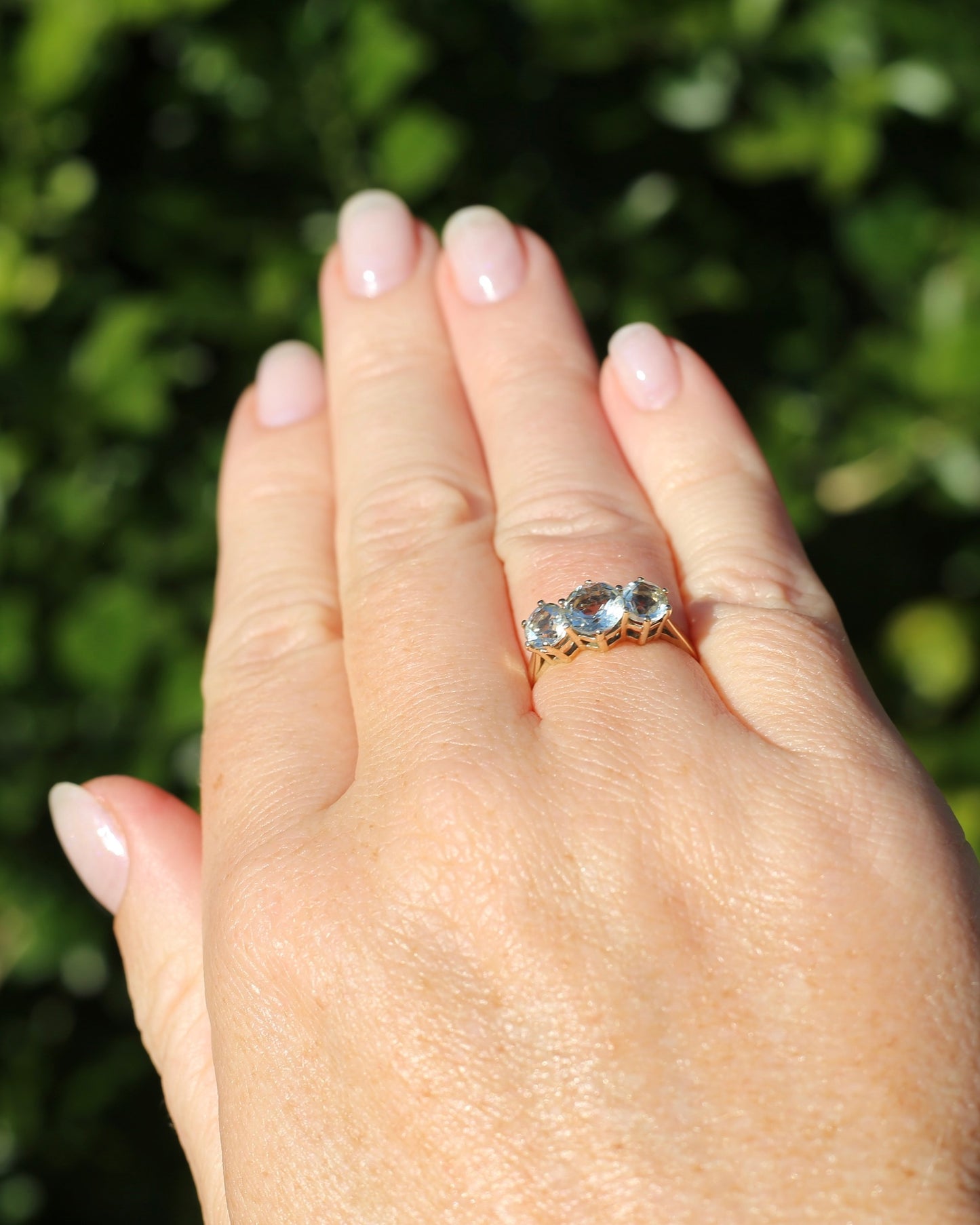 Prasiolite or Green Amethyst in Vintage Trilogy, 9ct Yellow Gold, size 7 or N1/2