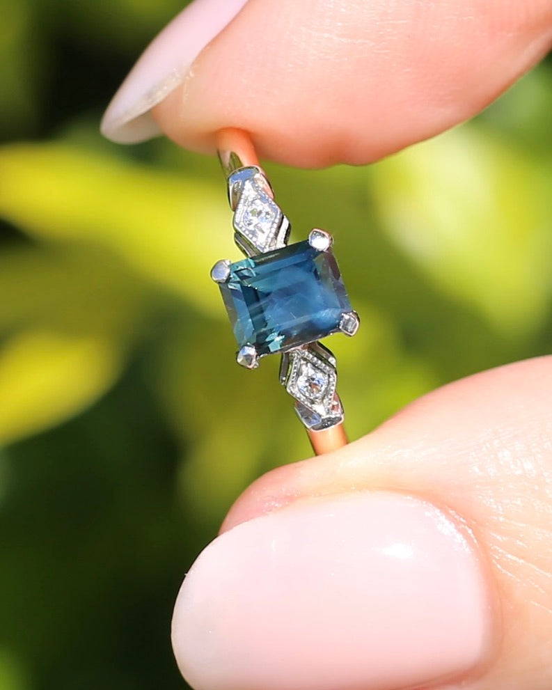 1.09ct Emerald Cut Teal Australian Sapphire With Diamonds in Vintage Trilogy Setting, 9ct Yellow and White Gold, size N1/2 or 6.75, 2.05g