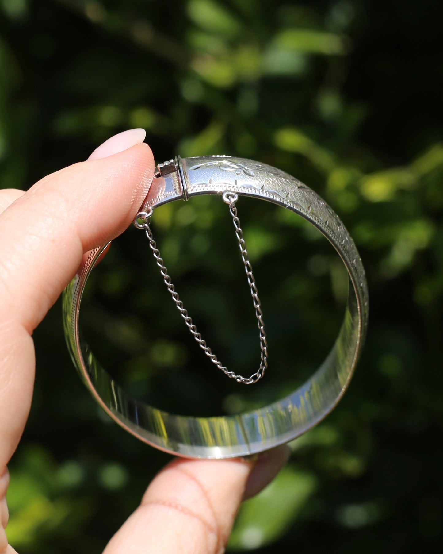 Vintage Hinged Engraved Silver Semi Hollow Bangle, Sterling Silver, 19.2g