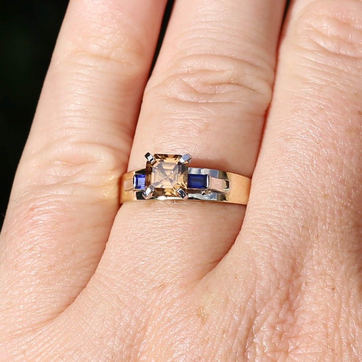 1.74ct Asscher Cut Cognac Zircon with Baguette Synthetic Sapphires in Mixed White and Yellow Gold 9ct Ring, size 8.75 or just over R