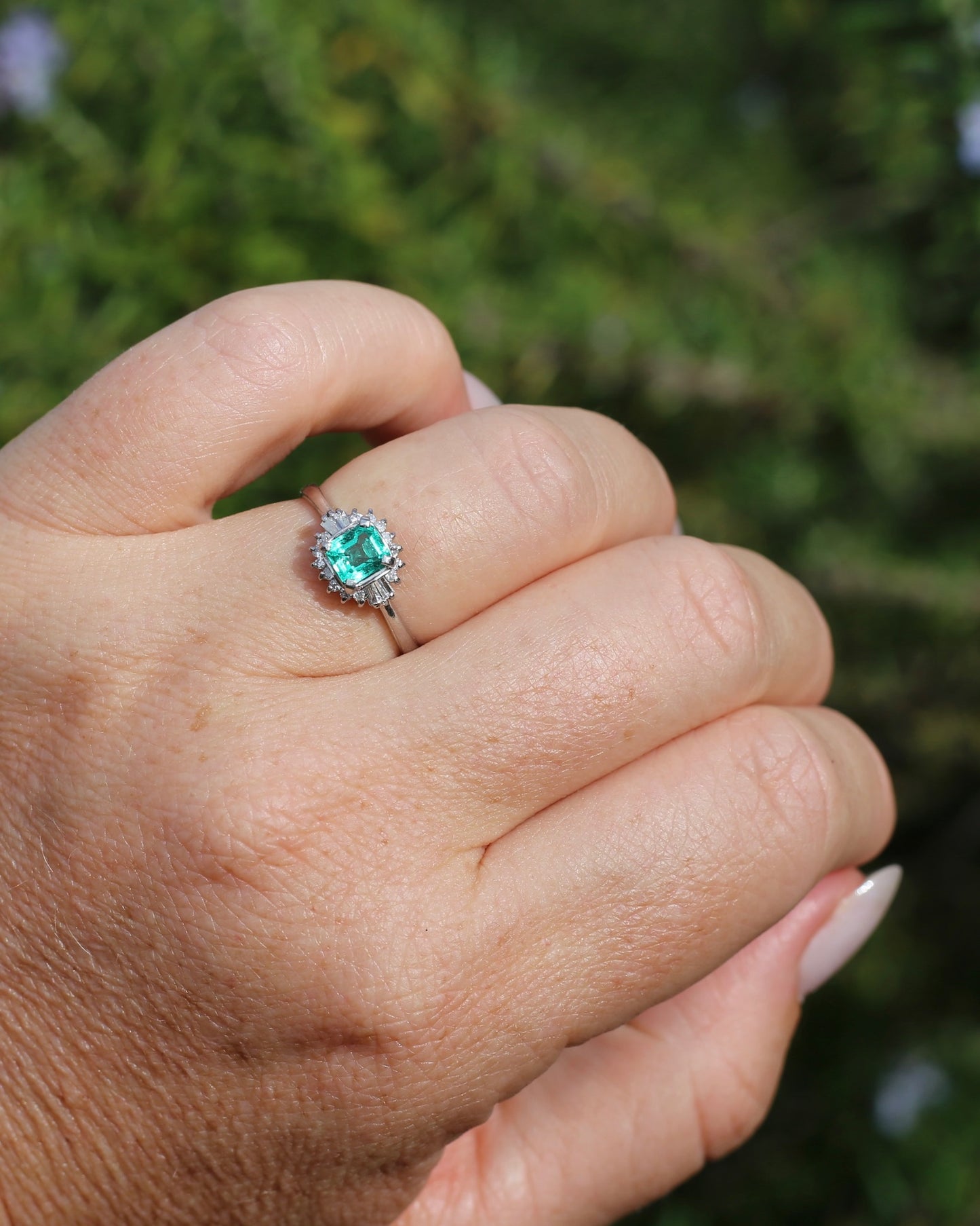 Natural Square Step Cut Emerald and Diamond Baguette Ballerina Skirt, Platinum Ring, size O or 7.25