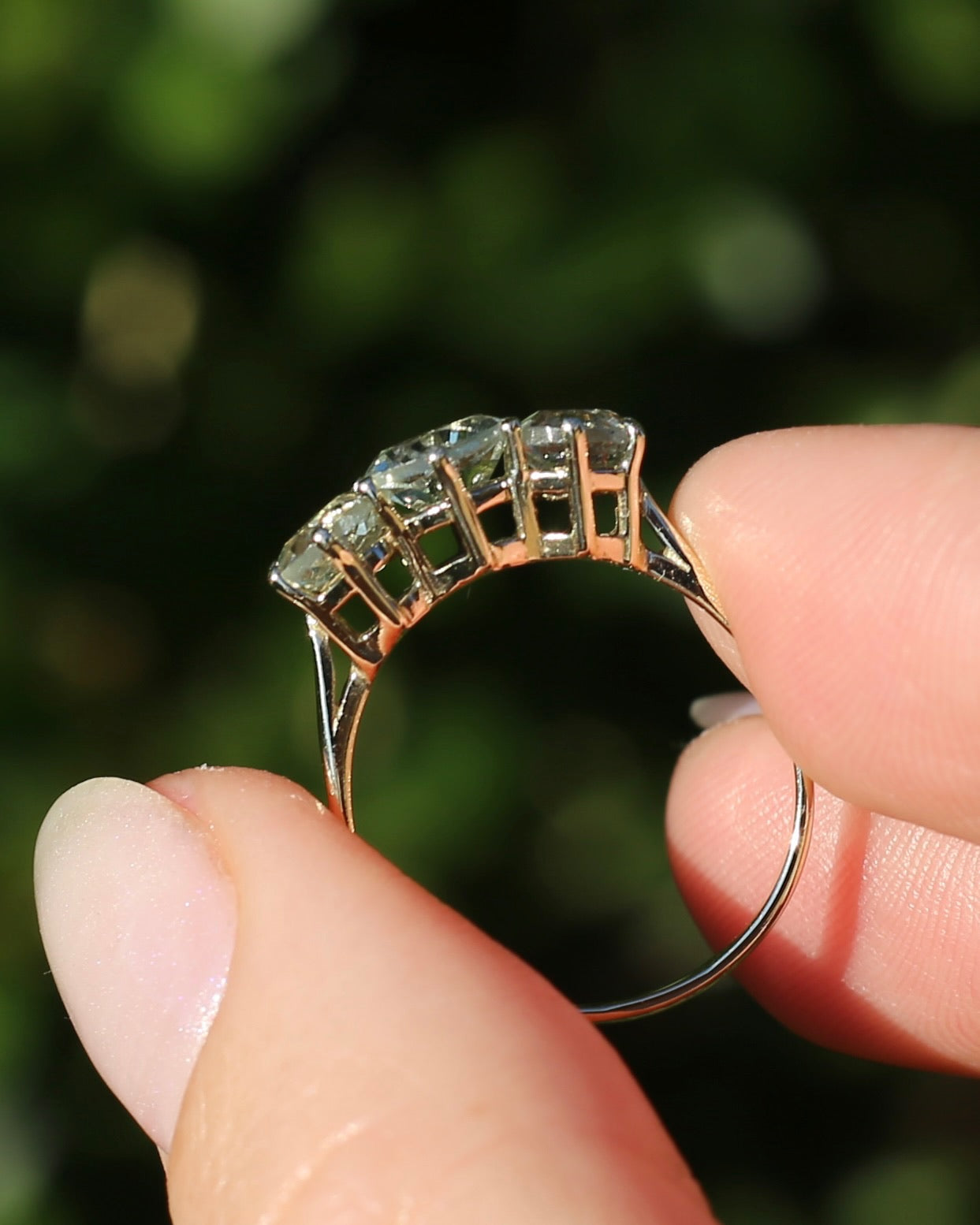 Prasiolite or Green Amethyst in Vintage Trilogy, 9ct Yellow Gold, size 7 or N1/2