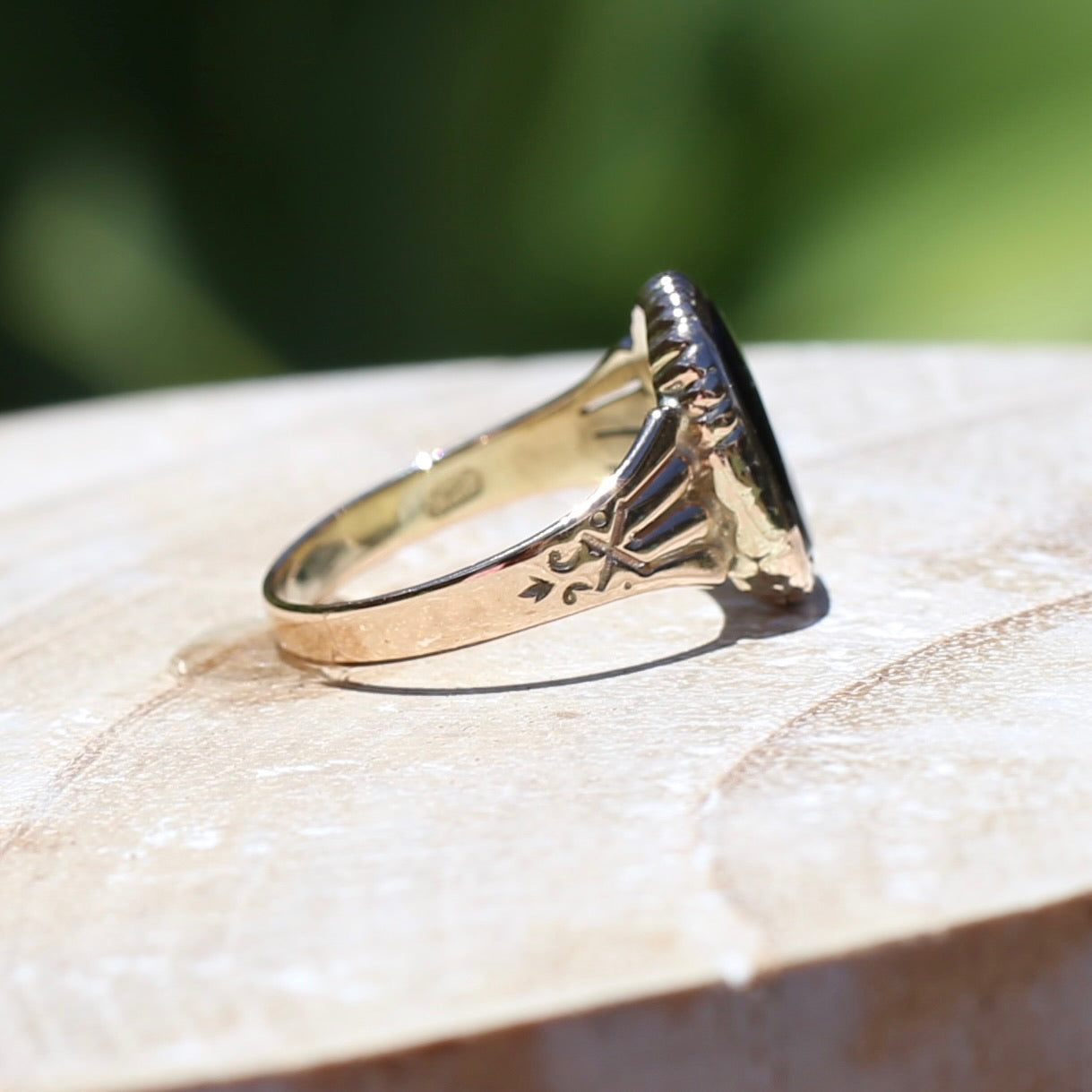 Vintique Onyx Signet Ring with Engraved Shoulders, 9ct Rosey Gold, size K1/2 or 5.5