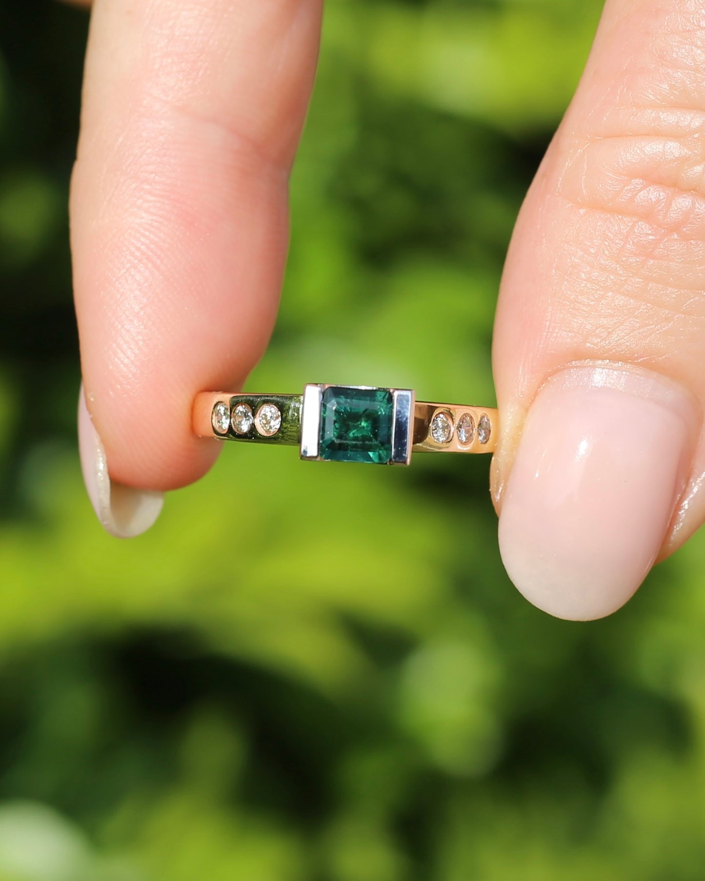 Vintage Chunky East West Set Semi Bezel Tourmaline and Flush Set Diamonds, 9ct Yellow and White Gold, size 9 or S, 4.37g