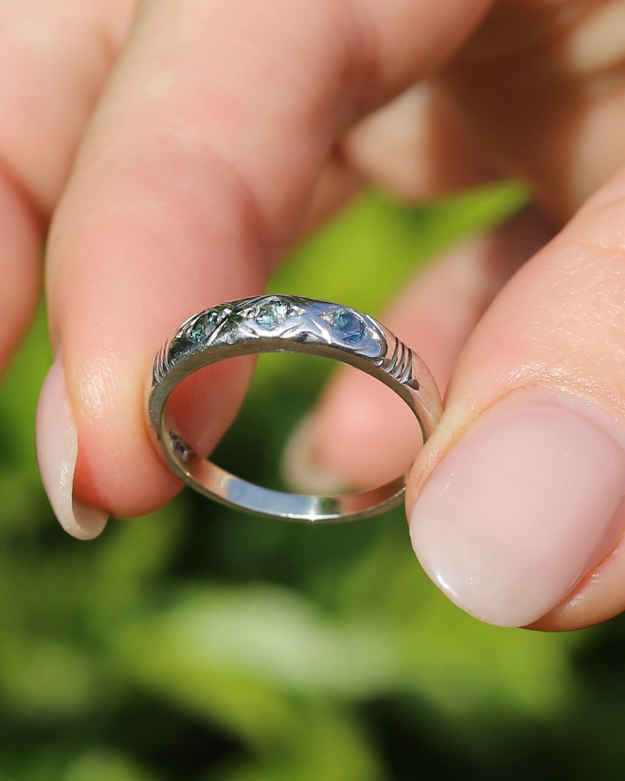 ON HOLD Australian Parti Sapphire Trilogy, 9ct White Gold Band, size N1/2 or just under 7, 2.67g