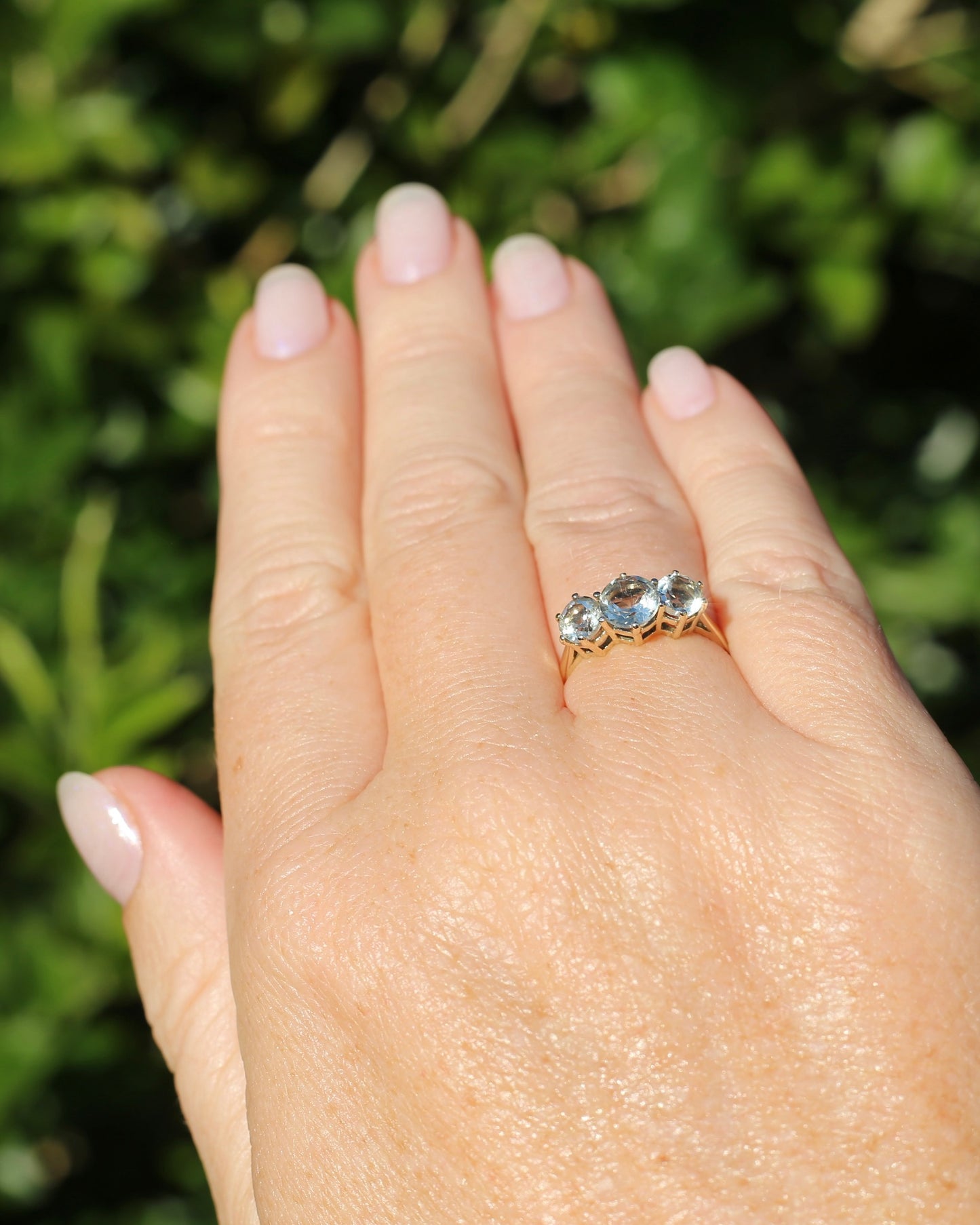 Prasiolite or Green Amethyst in Vintage Trilogy, 9ct Yellow Gold, size 7 or N1/2