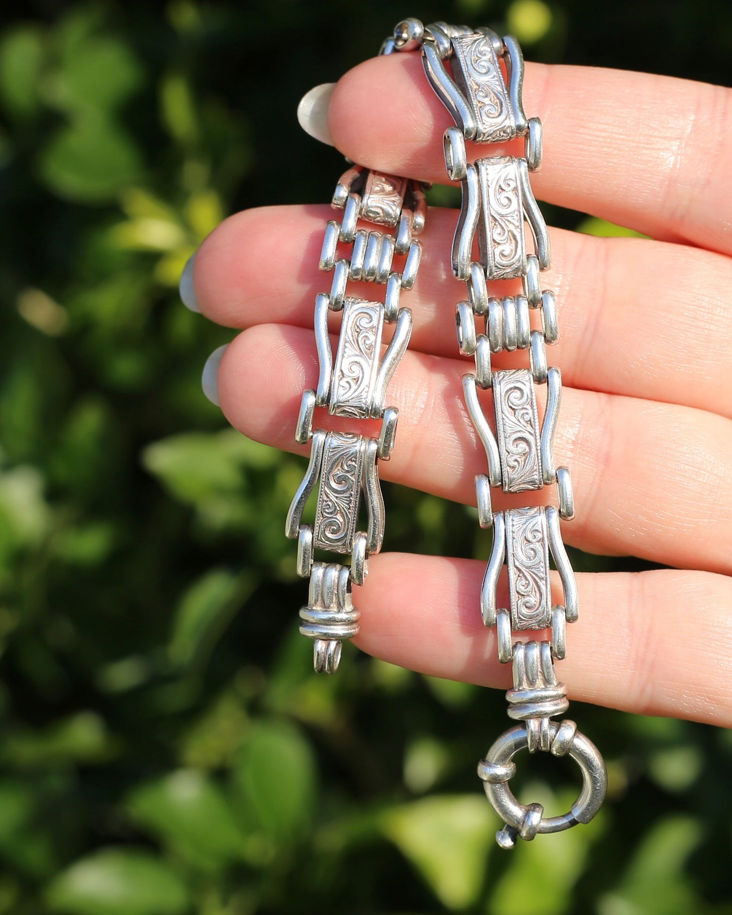 Fancy Link Engraved Bracelet, Sterling Silver, With Italian Bolt Clasp, 24.3g, 19cm