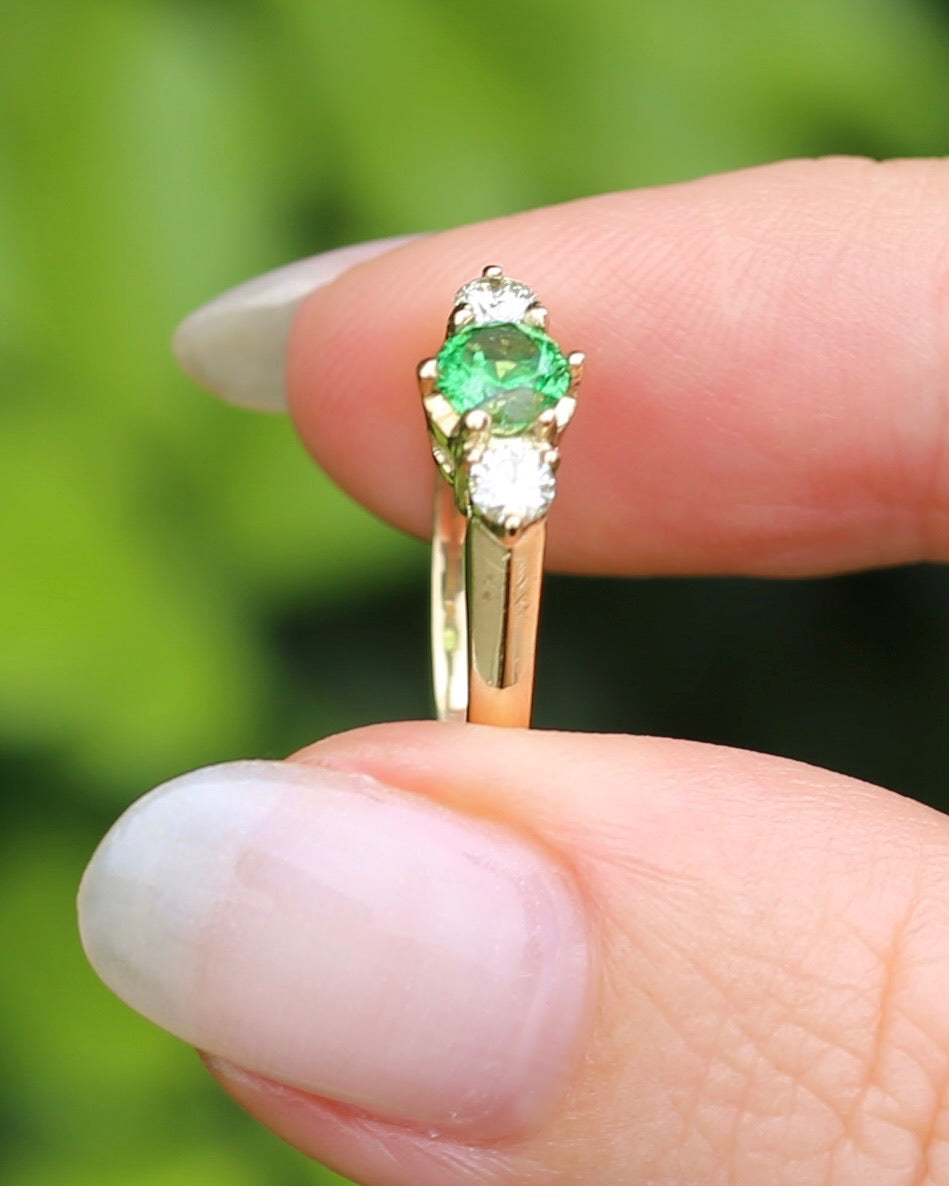 East African Tsavorite Garnet and Diamond Trilogy Ring, 18ct Yellow Gold, size K or 5.5 with valuation