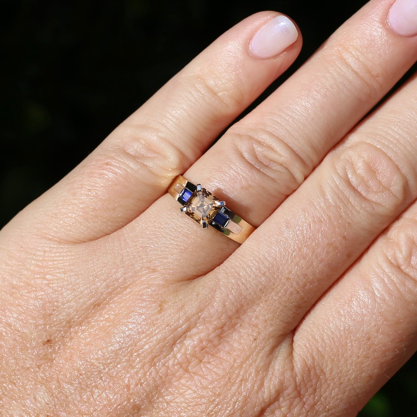 1.74ct Asscher Cut Cognac Zircon with Baguette Synthetic Sapphires in Mixed White and Yellow Gold 9ct Ring, size 8.75 or just over R