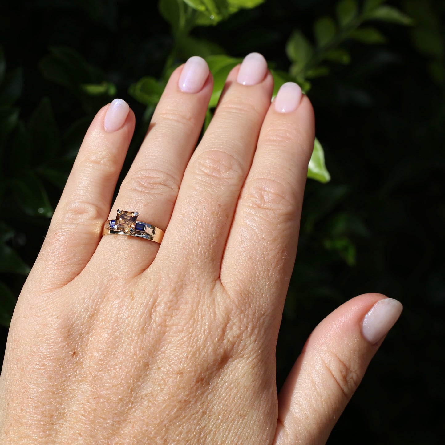 1.74ct Asscher Cut Cognac Zircon with Baguette Synthetic Sapphires in Mixed White and Yellow Gold 9ct Ring, size 8.75 or just over R