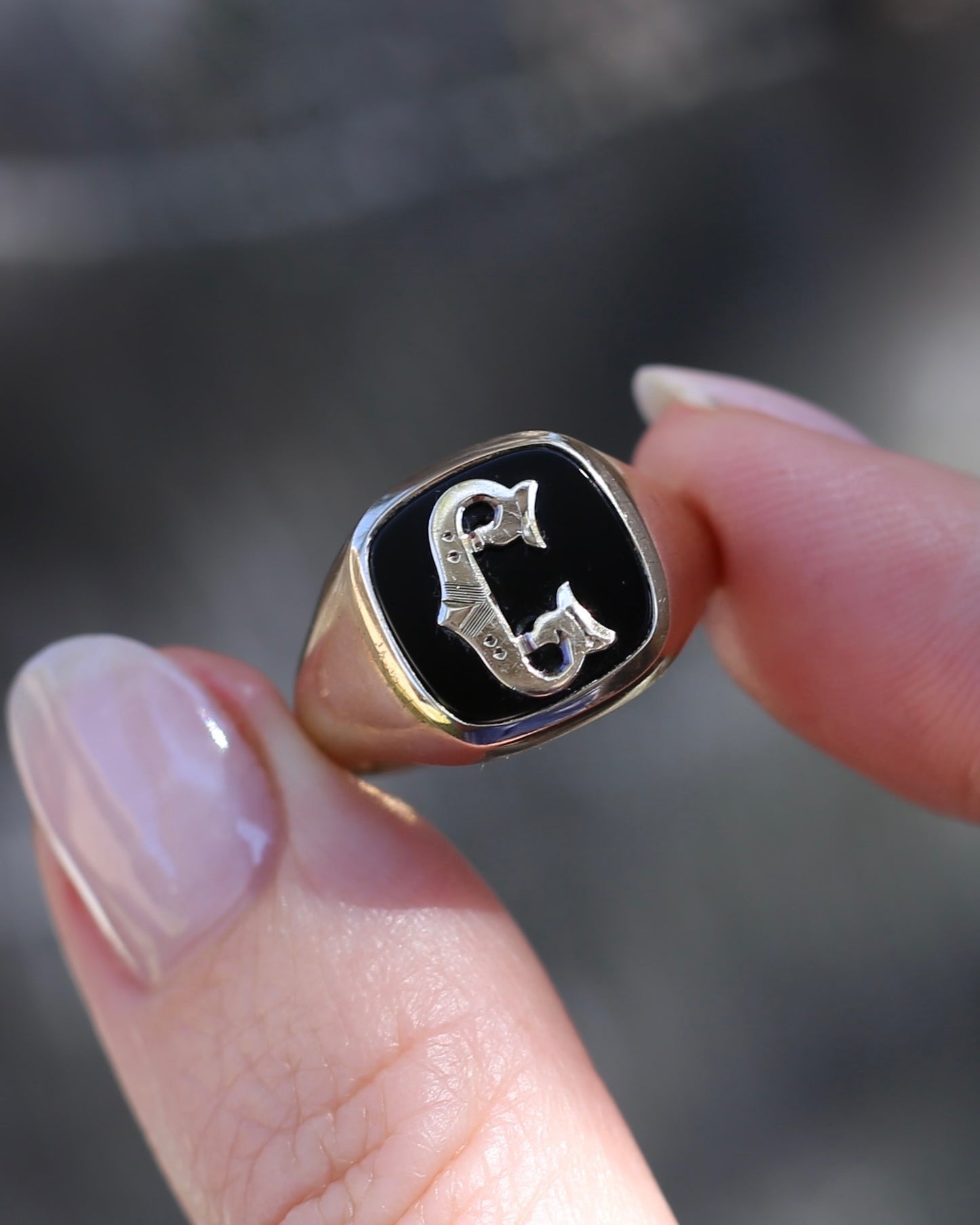 Vintage "C" Onyx Signet Ring, Bezel Set, Older Rosey Gold, size 9.5 or T