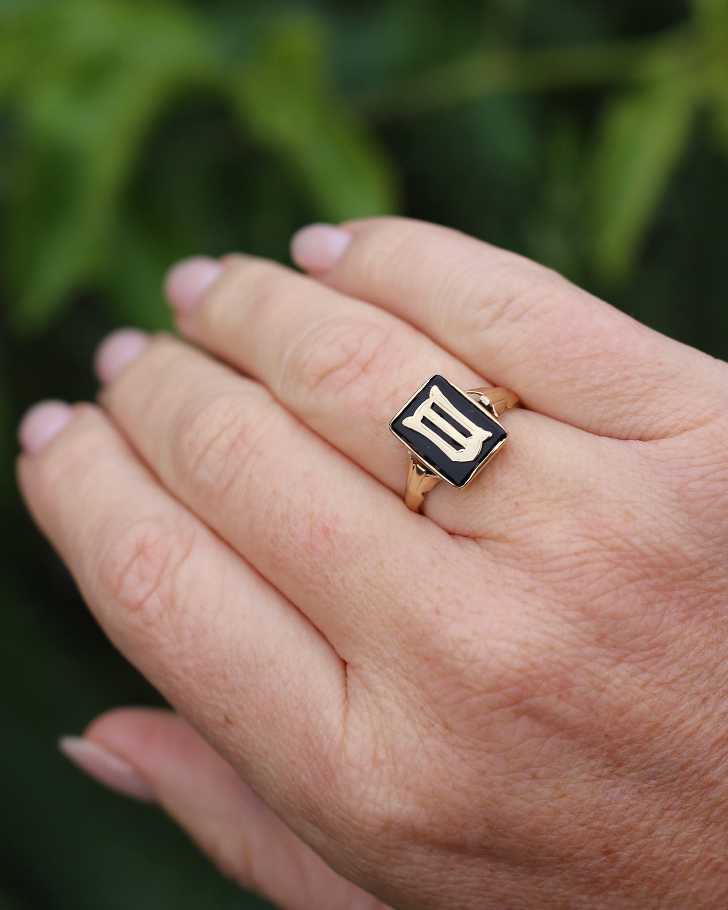 "W/M" Vintage Onyx and 9ct Yellow Gold Signet Ring, 9ct Yellow Gold, size N or 6.75