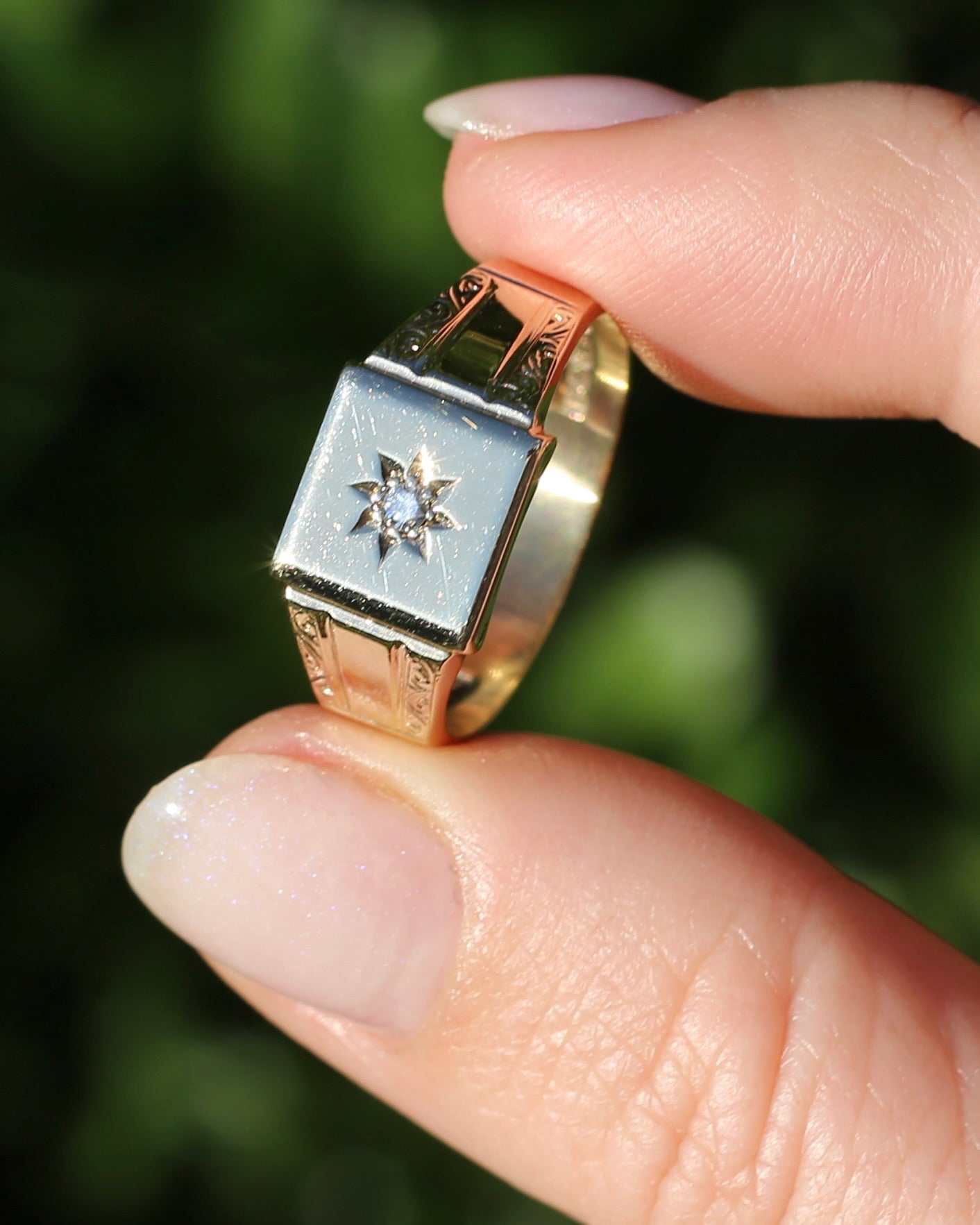 1984 Made Vintage Star Set Diamond Signet Ring, 9ct Yellow Gold, size V or 10.5
