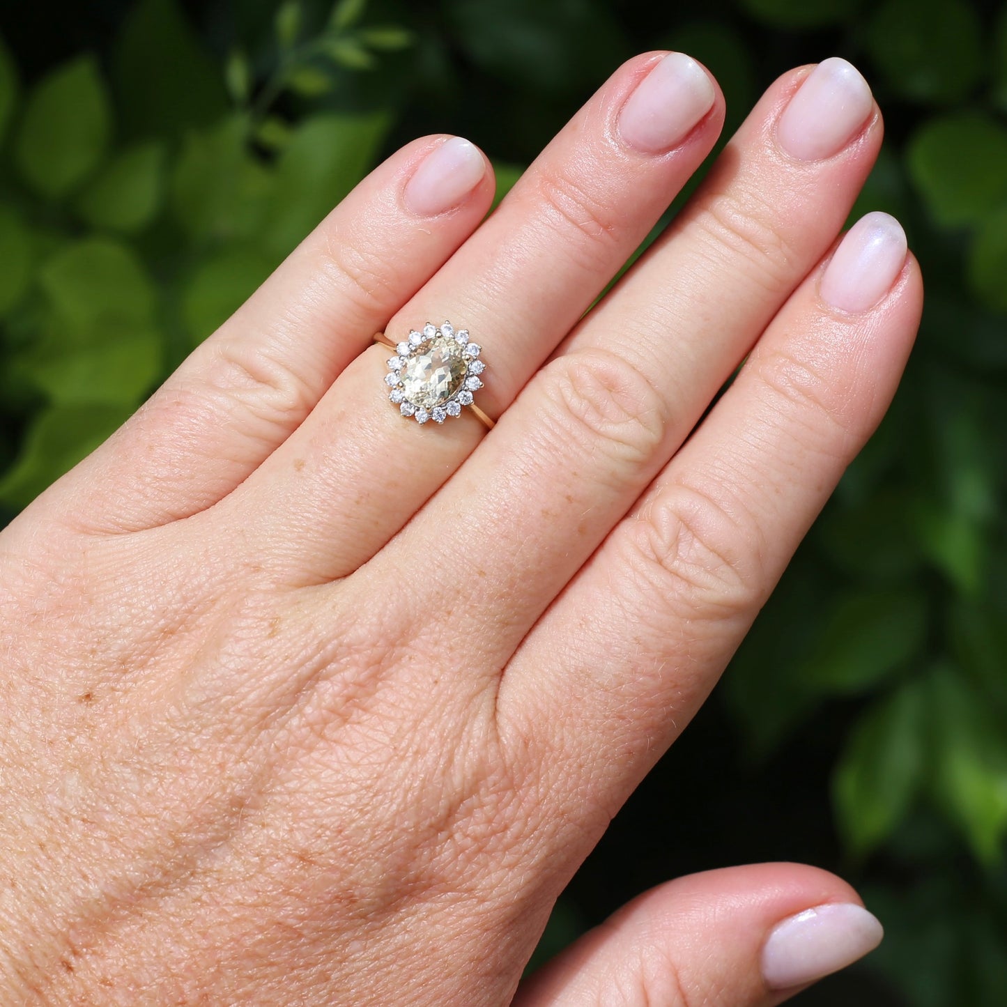 1.47ct Rare Light Pinkish Yellow Feldspar (Orthoclase) with Diamond Halo, 9ct Yellow Gold, size M or 6.25, with valuation