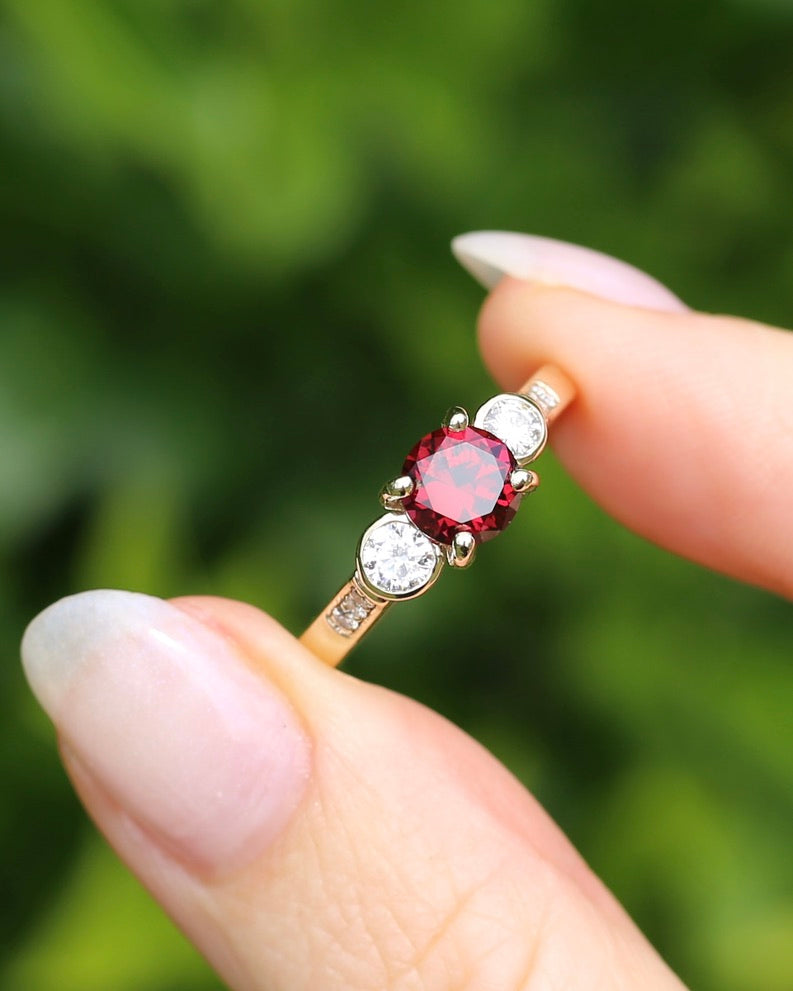 East African Rhodolite Garnet and Diamond Dais Trilogy, 9ct Yellow Gold, size S or 9.25