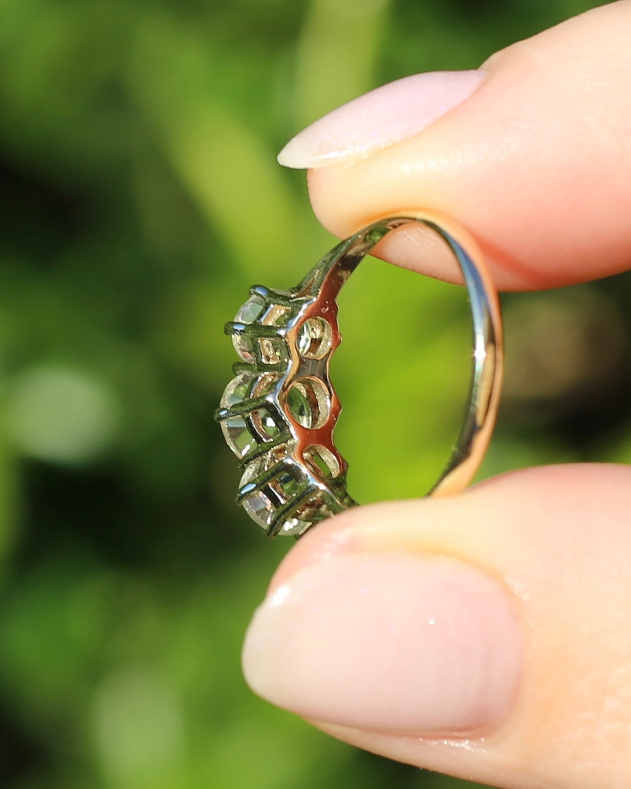 Prasiolite or Green Amethyst in Vintage Trilogy, 9ct Yellow Gold, size 7 or N1/2