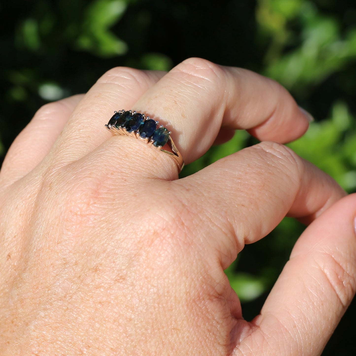3 Carat Five Stone Parti Sapphire Ring, 9ct Yellow Gold, size R1/2 or nearly 9, with valuation