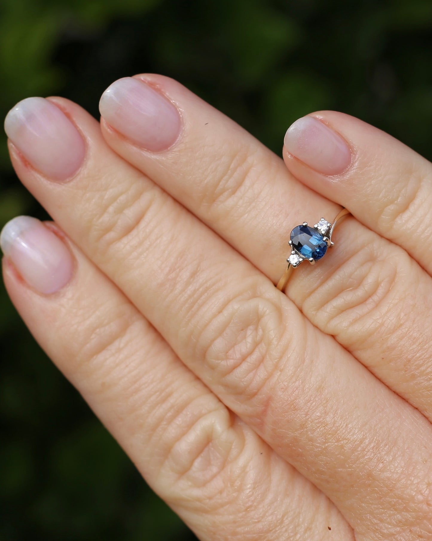 Vintage Natural Sapphire and Diamond Trilogy, 9ct Yellow and White Gold, size J or 4.75