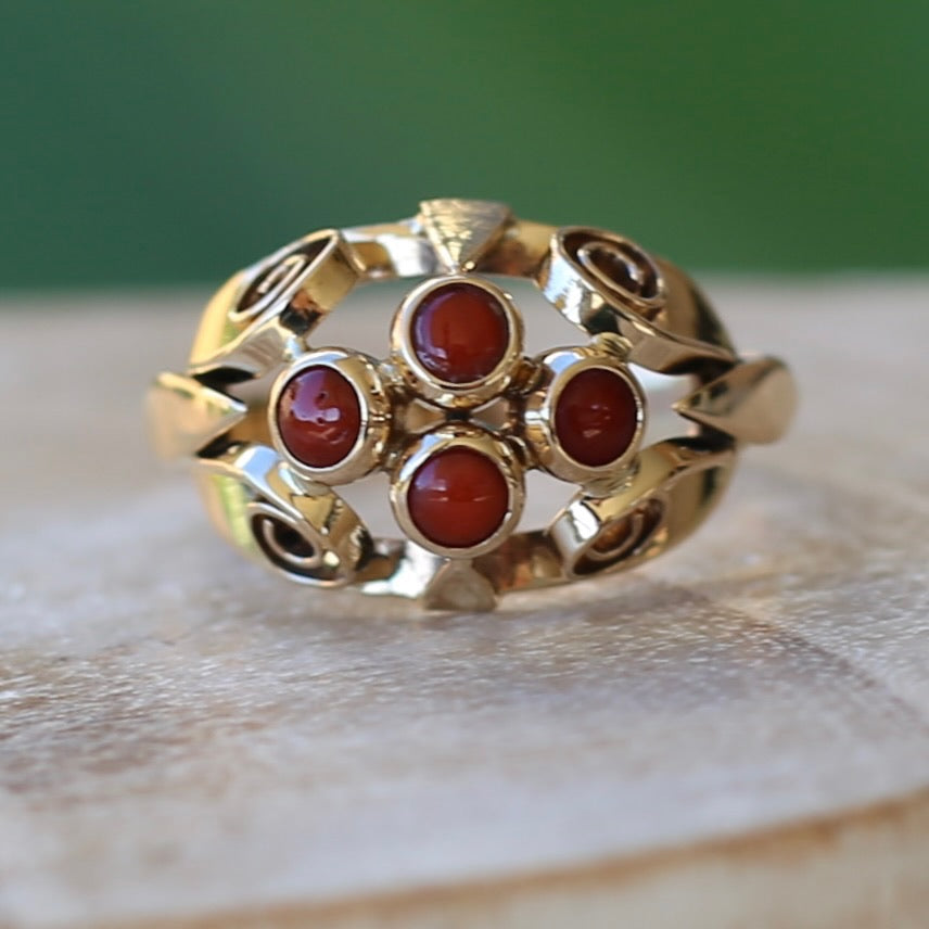 Vintage Dutch Four Stone Coral Cabochon Filigree Ring, 14ct Yellow Gold, size N1/2 or 7