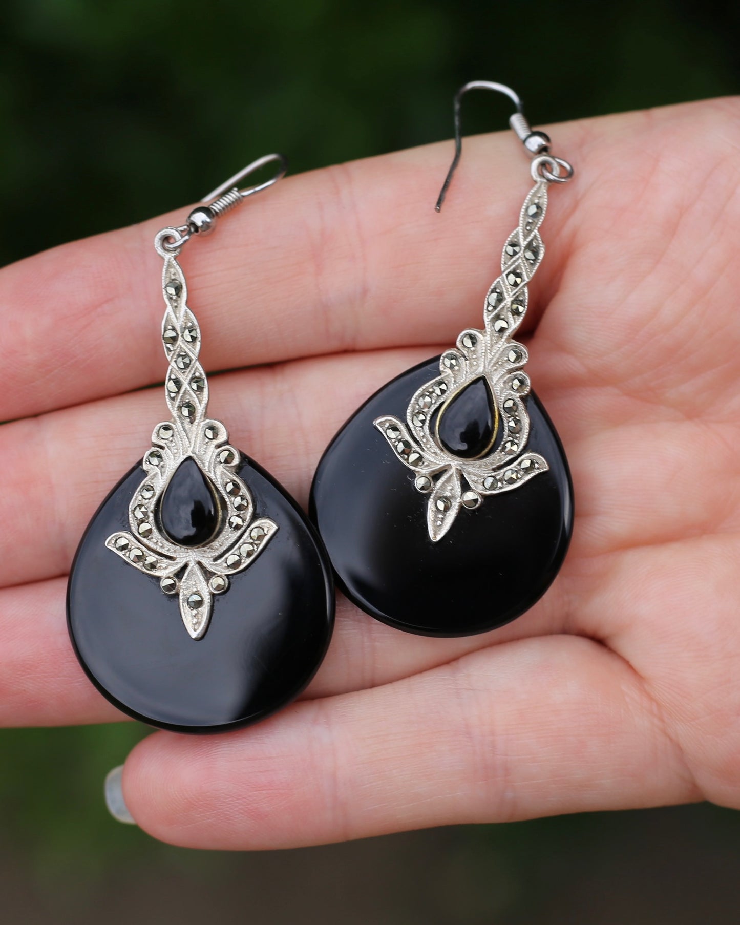 Vintage Onyx and Marcasite Silver Earrings, 13.8g