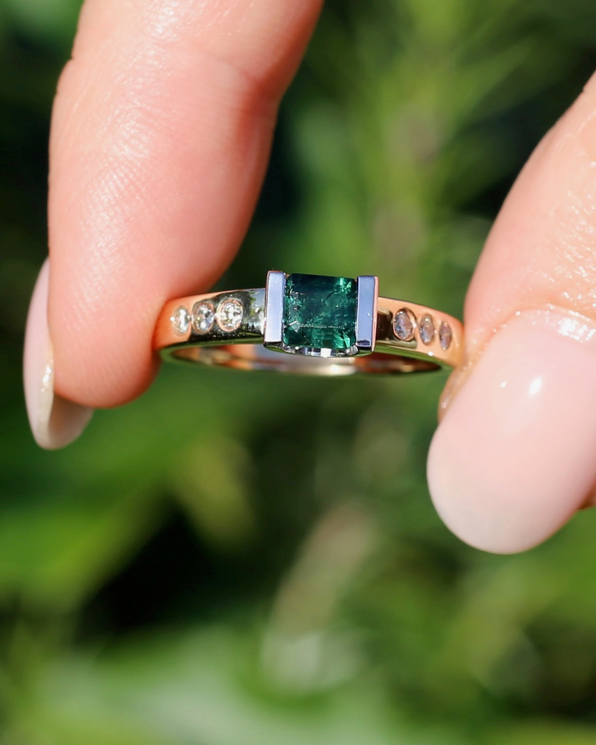 Vintage Chunky East West Set Semi Bezel Tourmaline and Flush Set Diamonds, 9ct Yellow and White Gold, size 9 or S, 4.37g