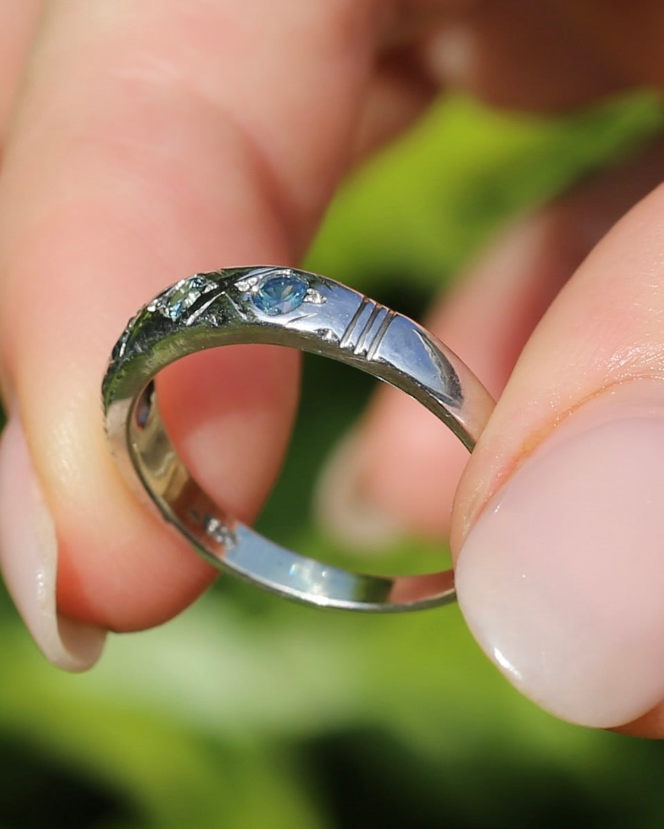 ON HOLD Australian Parti Sapphire Trilogy, 9ct White Gold Band, size N1/2 or just under 7, 2.67g