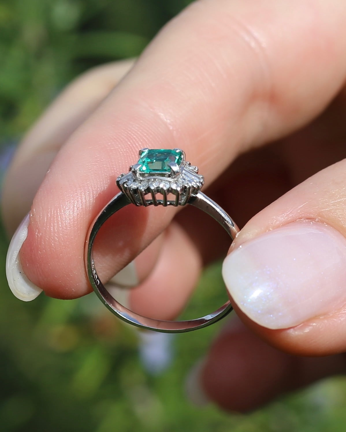 Natural Square Step Cut Emerald and Diamond Baguette Ballerina Skirt, Platinum Ring, size O or 7.25