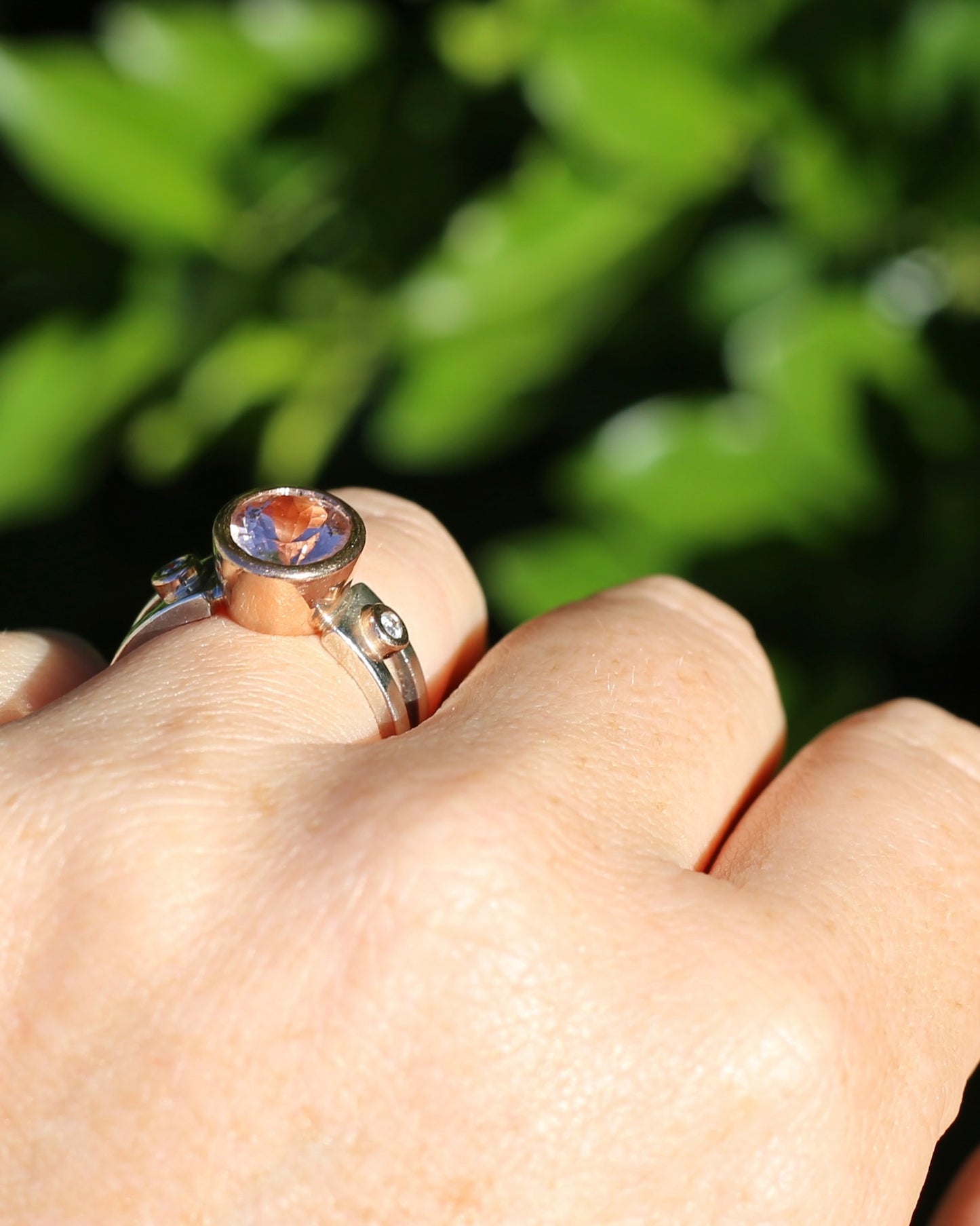Chunky Bezel Set Morganite and Diamond Ring, 9ct Rose Gold and Silver, size P or 7.5 (fits smaller)