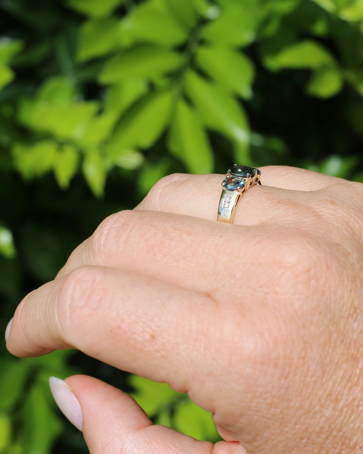 2.1ct Parti Sapphire Trilogy with Channel Set Diamonds, in Vintage 9ct Yellow Gold Ring, size O or 7.25