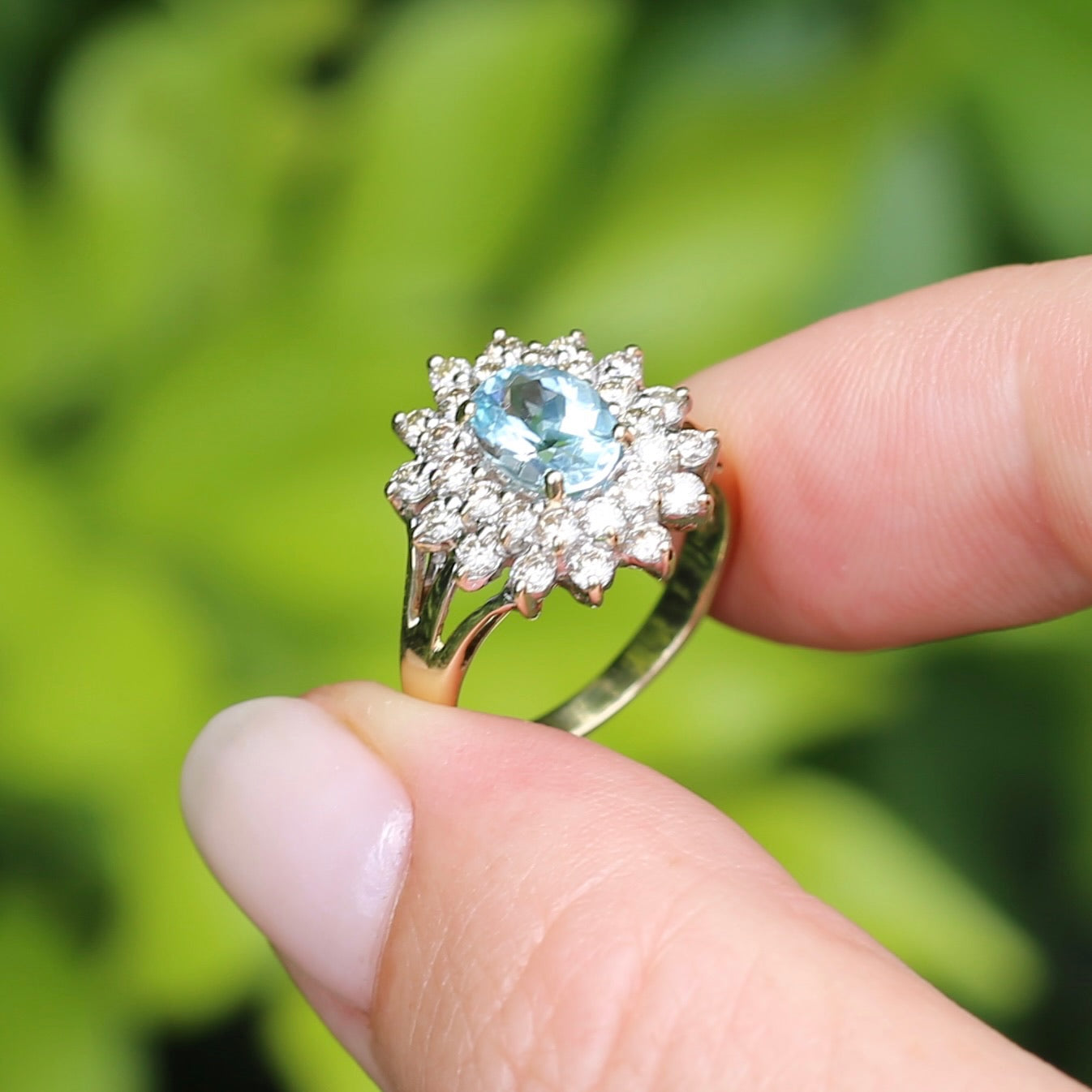 1.1ct Oval Aquamarine and Double Diamond Halo (0.88ct), 9ct White and Yellow Gold, size 6.25 or M