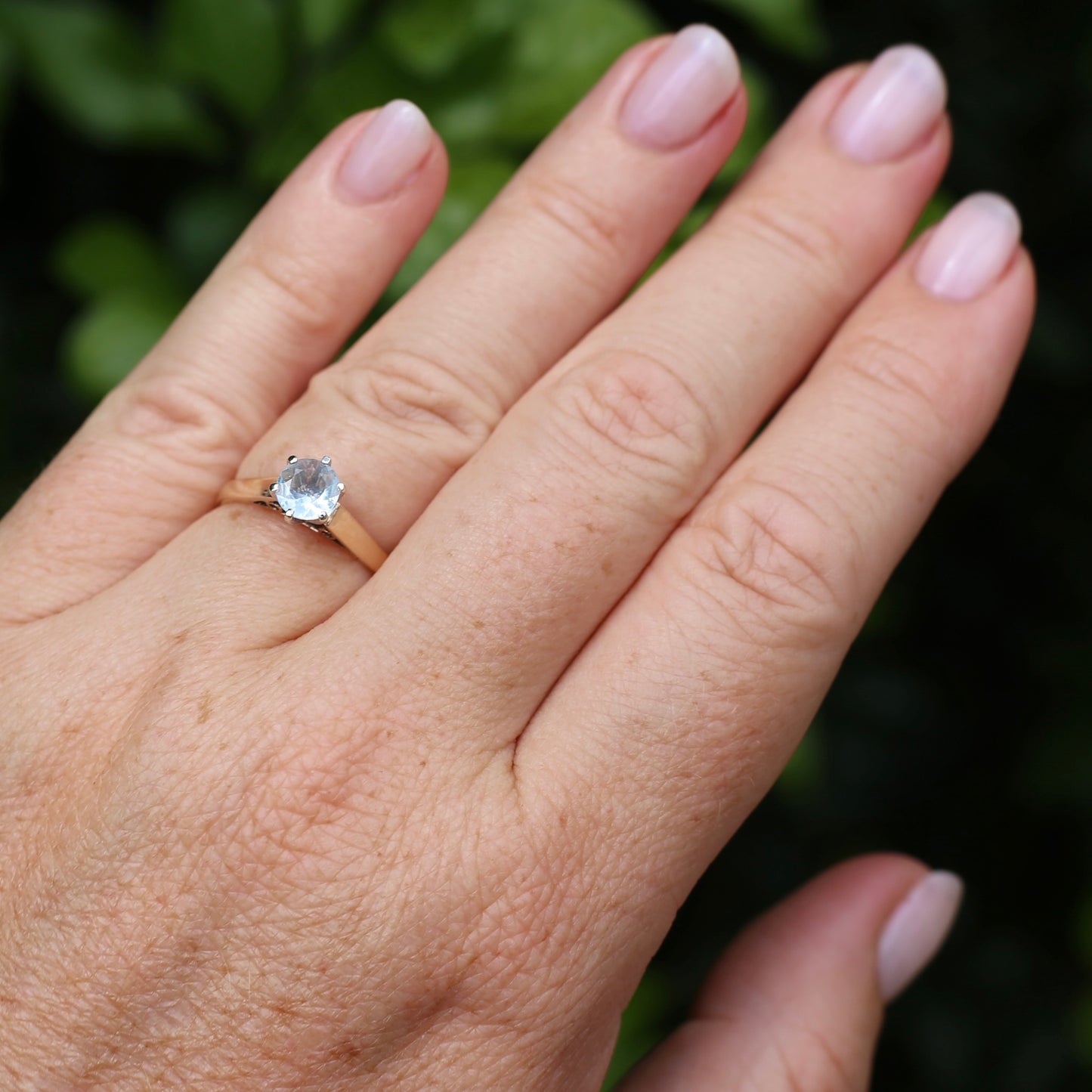 Round Natural Aquamarine Solitaire, 9ct Yellow and White Gold, size O or 7.25