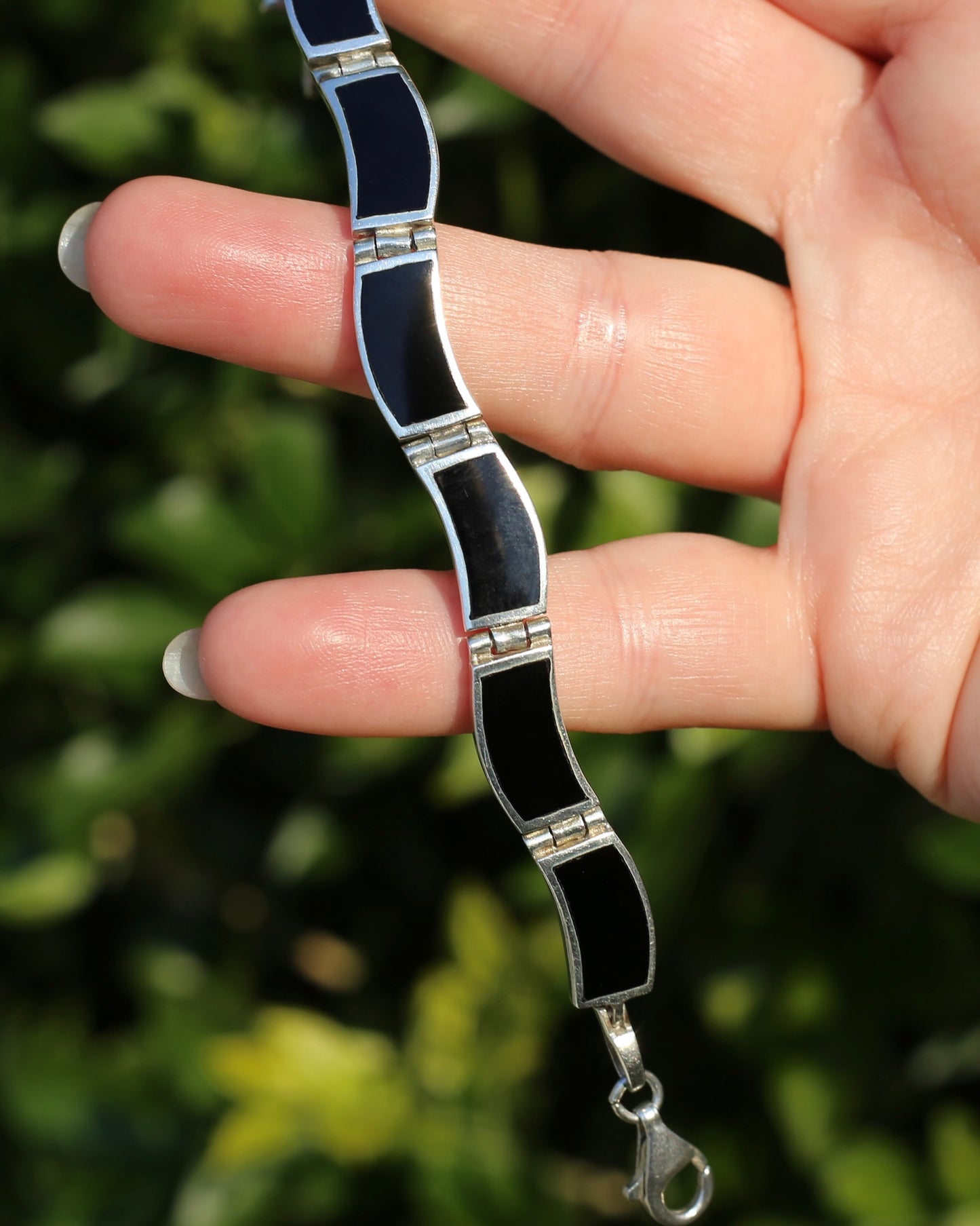 Black Panel Wavey Silver Bracelet, Sterling Silver, 18.3g, 19cm
