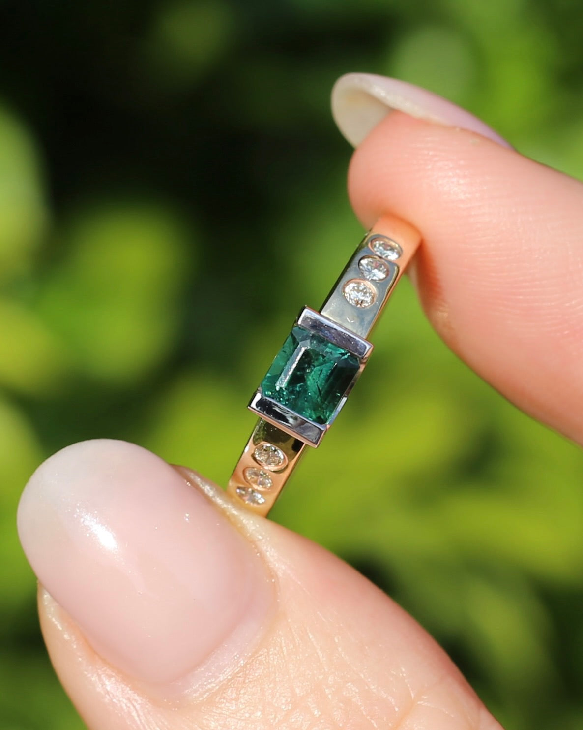 Vintage Chunky East West Set Semi Bezel Tourmaline and Flush Set Diamonds, 9ct Yellow and White Gold, size 9 or S, 4.37g