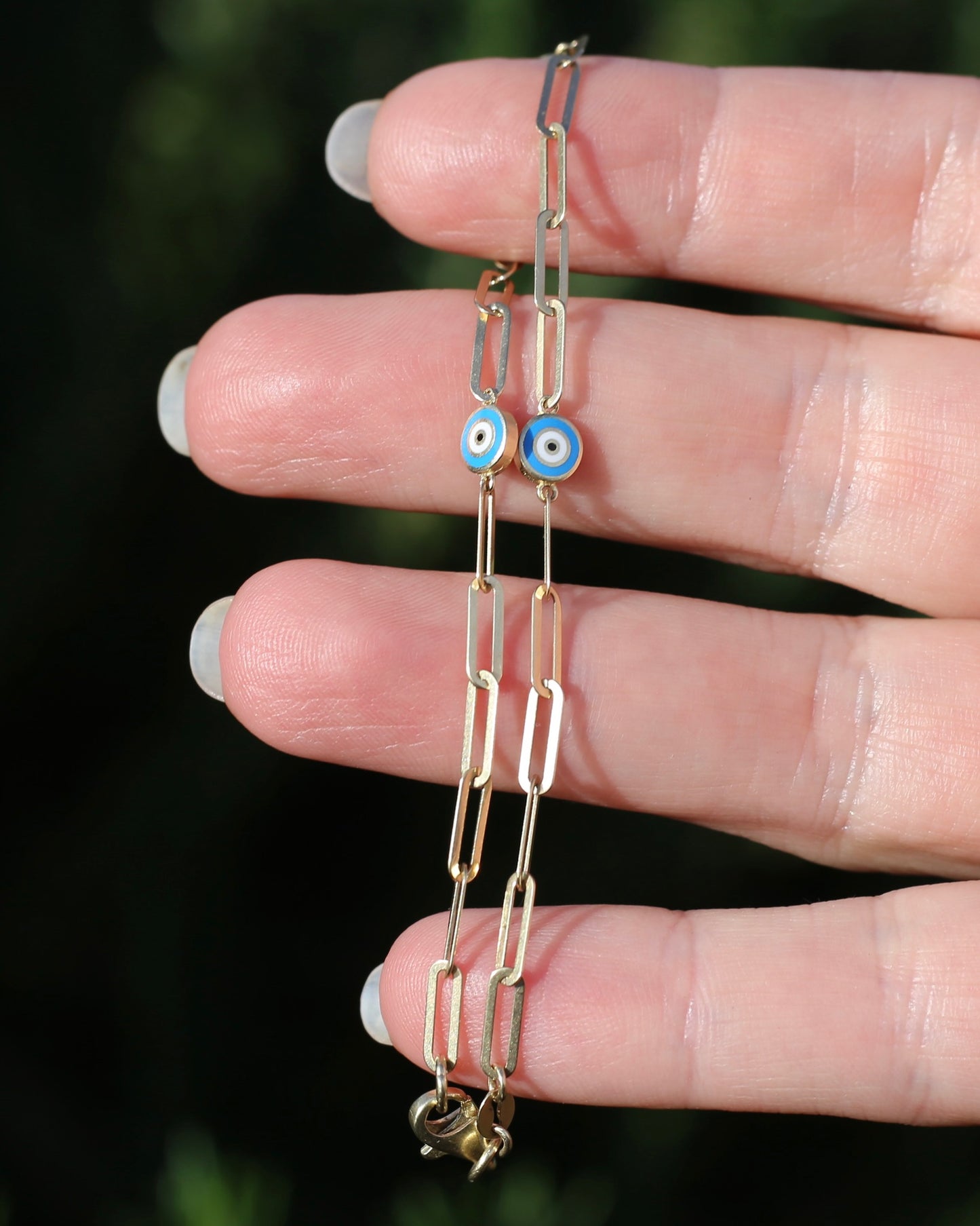 Delicate Paperclip and Enamel Evil Eye Bracelet, 9ct Yellow Gold, 19.5cm or 7.75inches