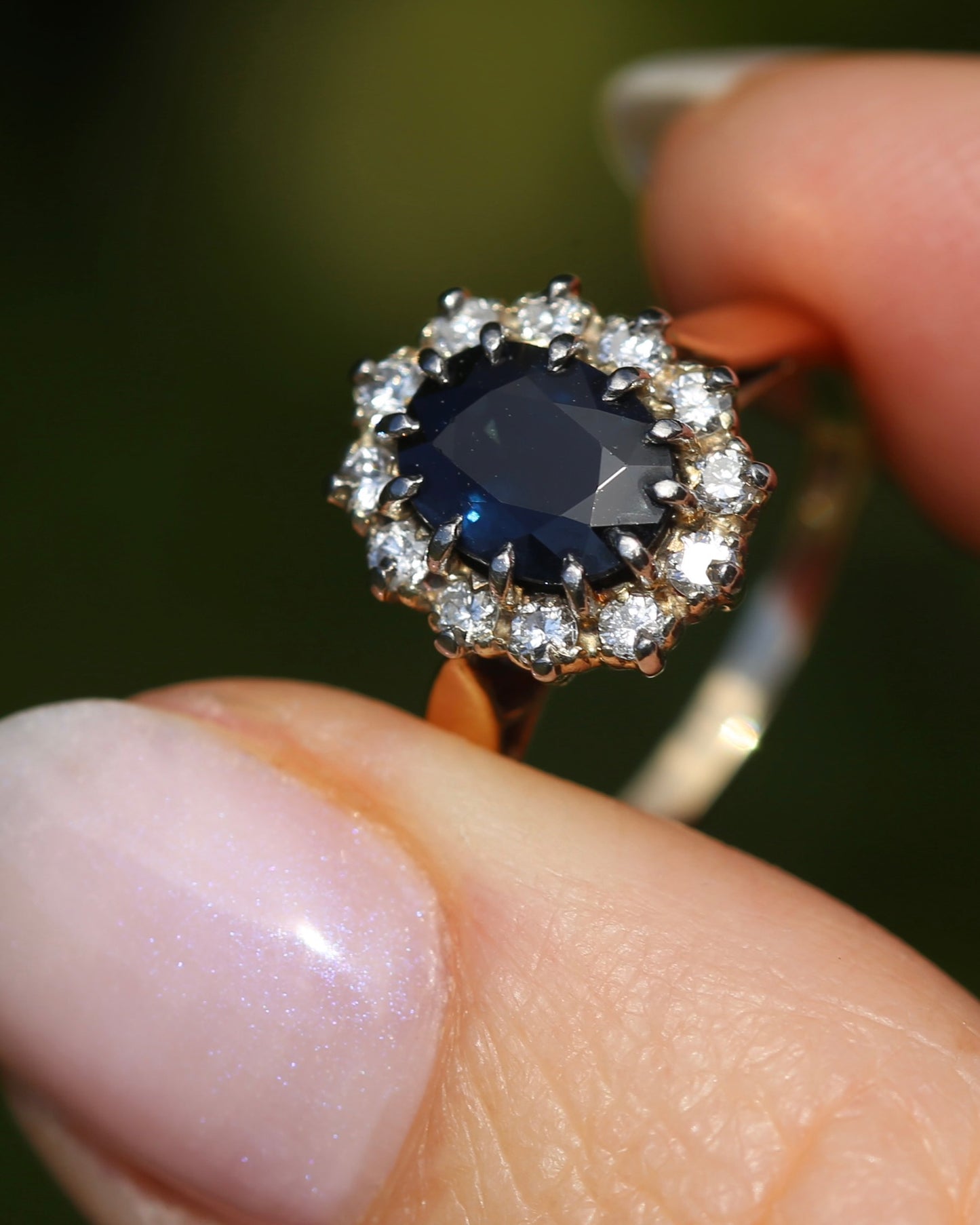Vintage Natural Sapphire and Diamond Halo, 9ct Yellow and White Gold, size N1/2 or 7